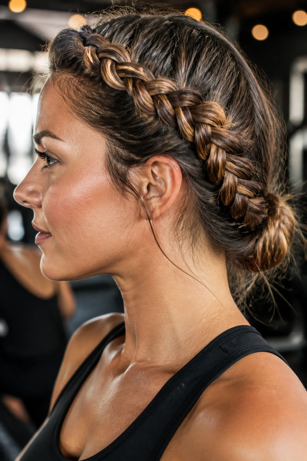 Side Dutch braid hairstyle in a real person, gym background