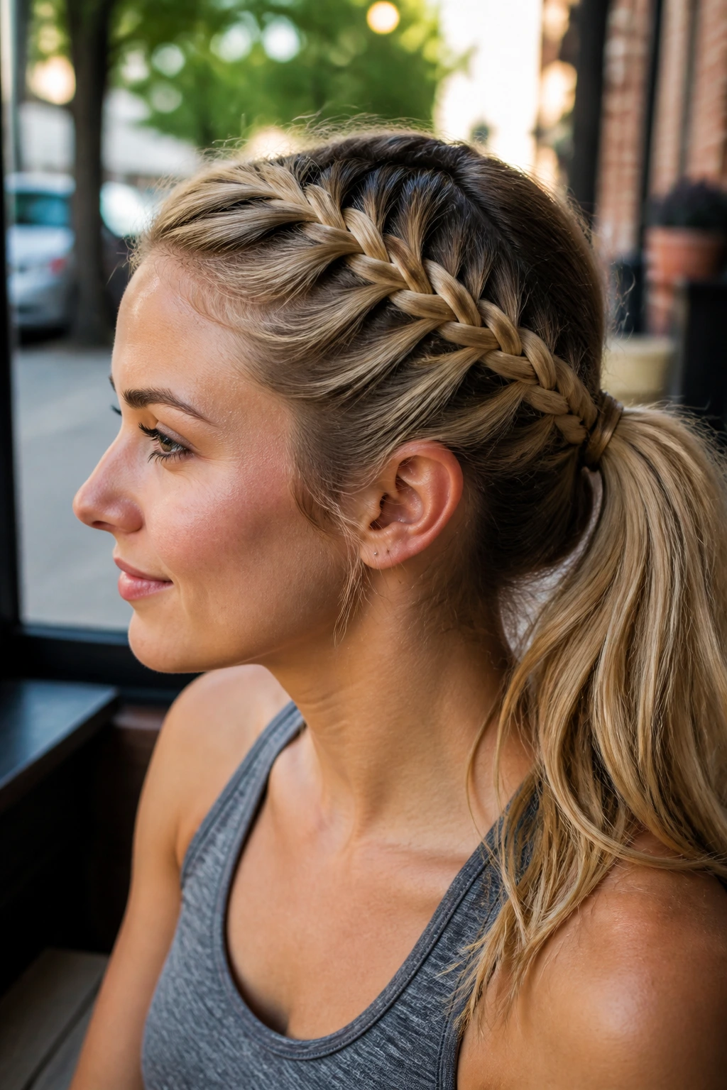 Real woman with a side Dutch braid weaving from hairline toward ear into a ponytail