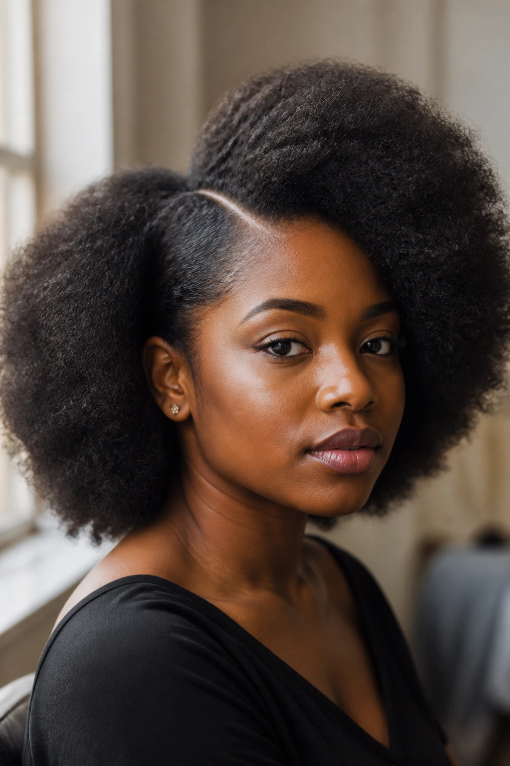 Close-up portrait of a person with a deep side-part Afro under soft window light