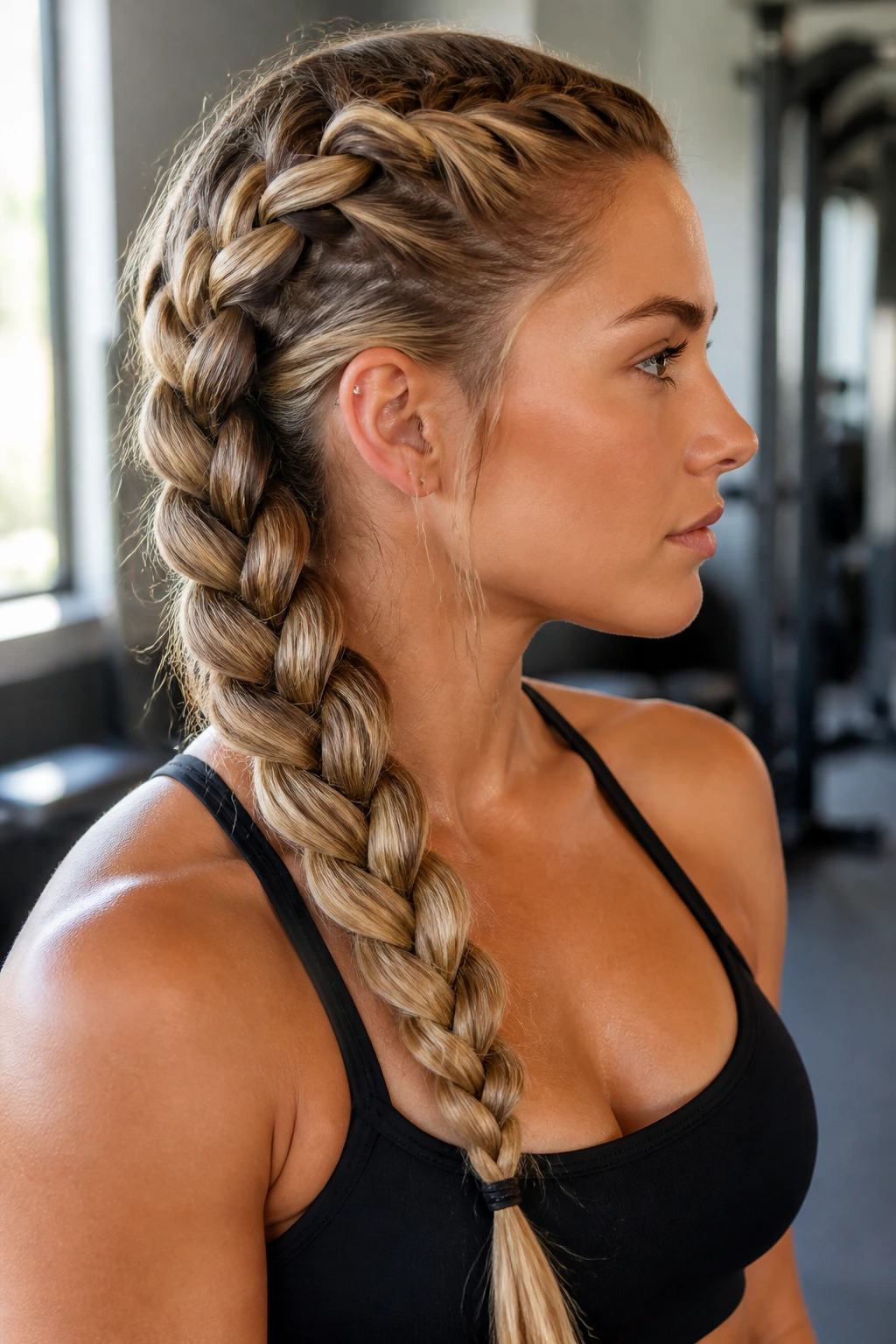 Close-up of a side-parted chunky Dutch braid over the shoulder on a real woman