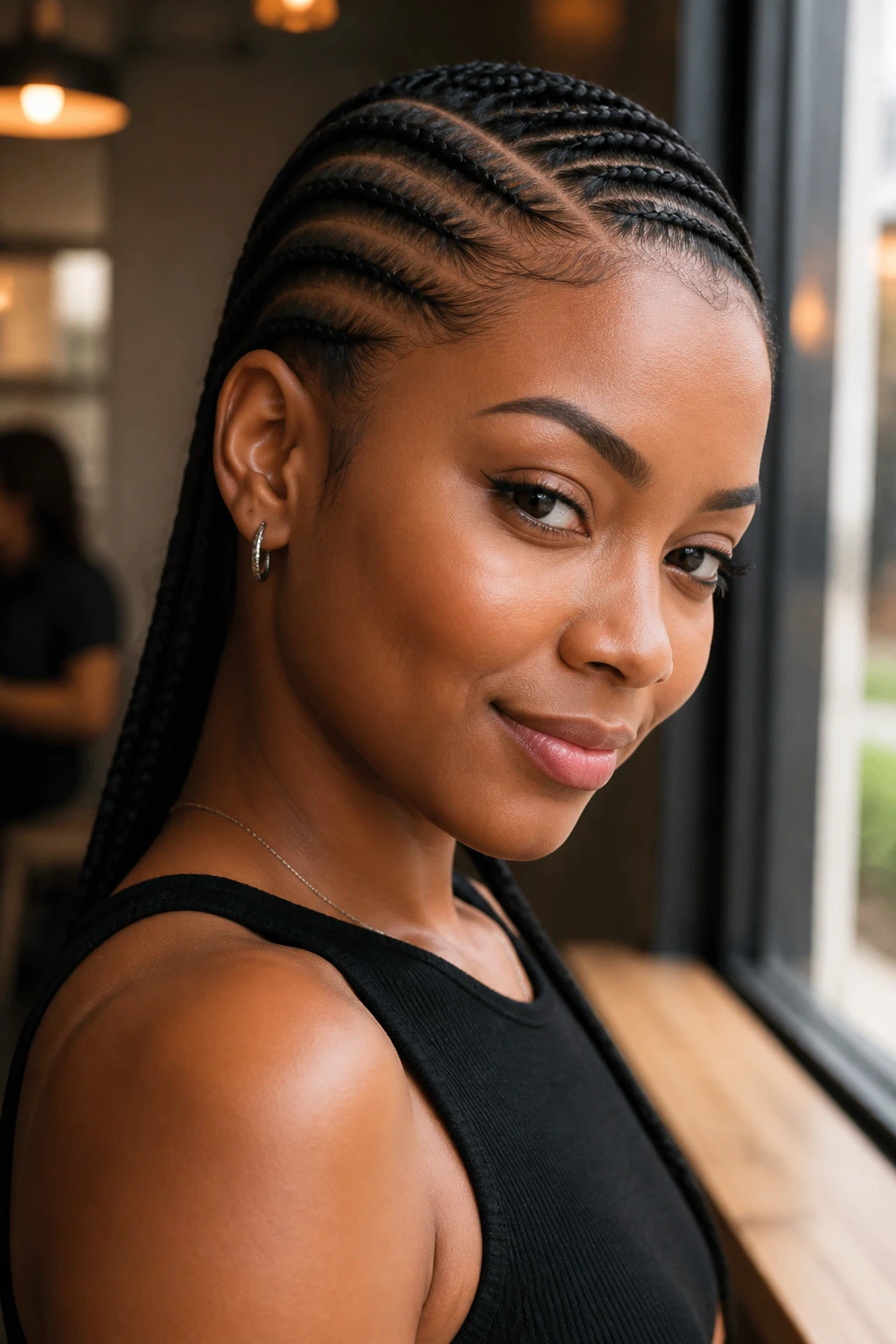 Close-up portrait of side-part cornrows straight back along the scalp