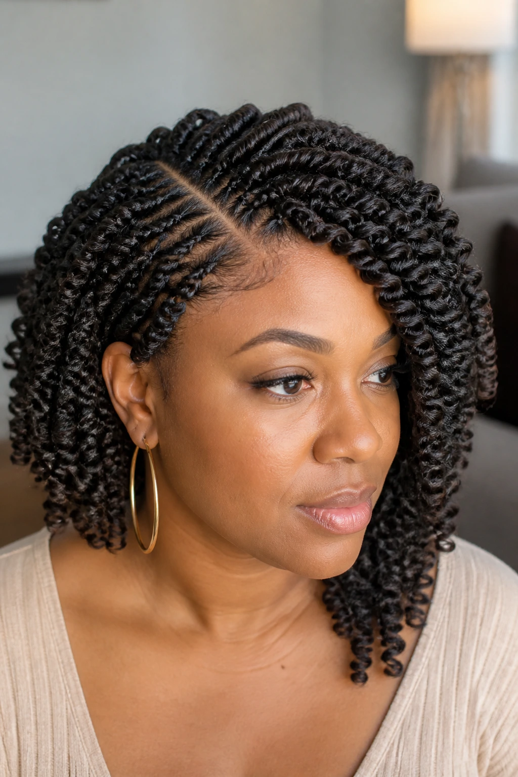 Close-up portrait of a real woman with a deep side part and crochet braids swept to one side