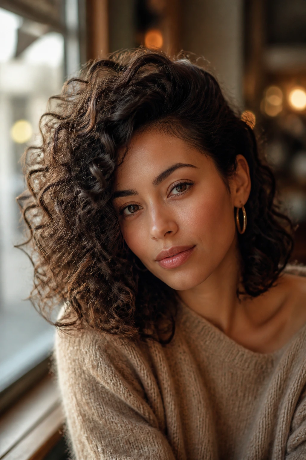 Close-up portrait of a real woman with a deep side-parted shoulder-length curls.