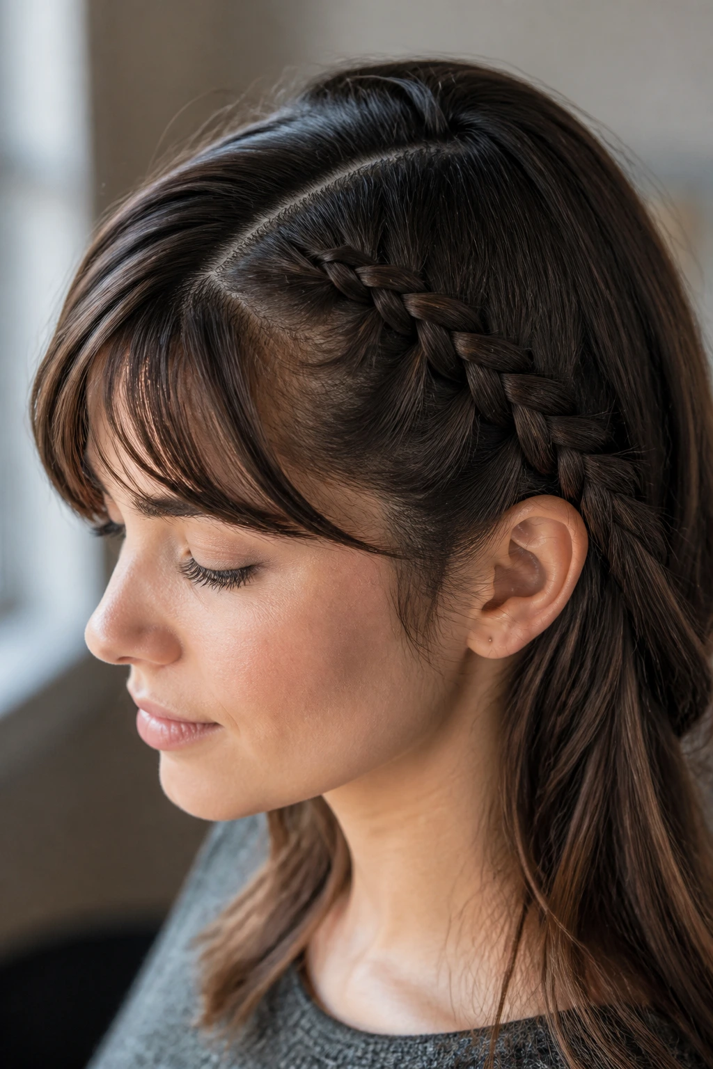 Close-up side portrait with a side-part French braid along the hairline