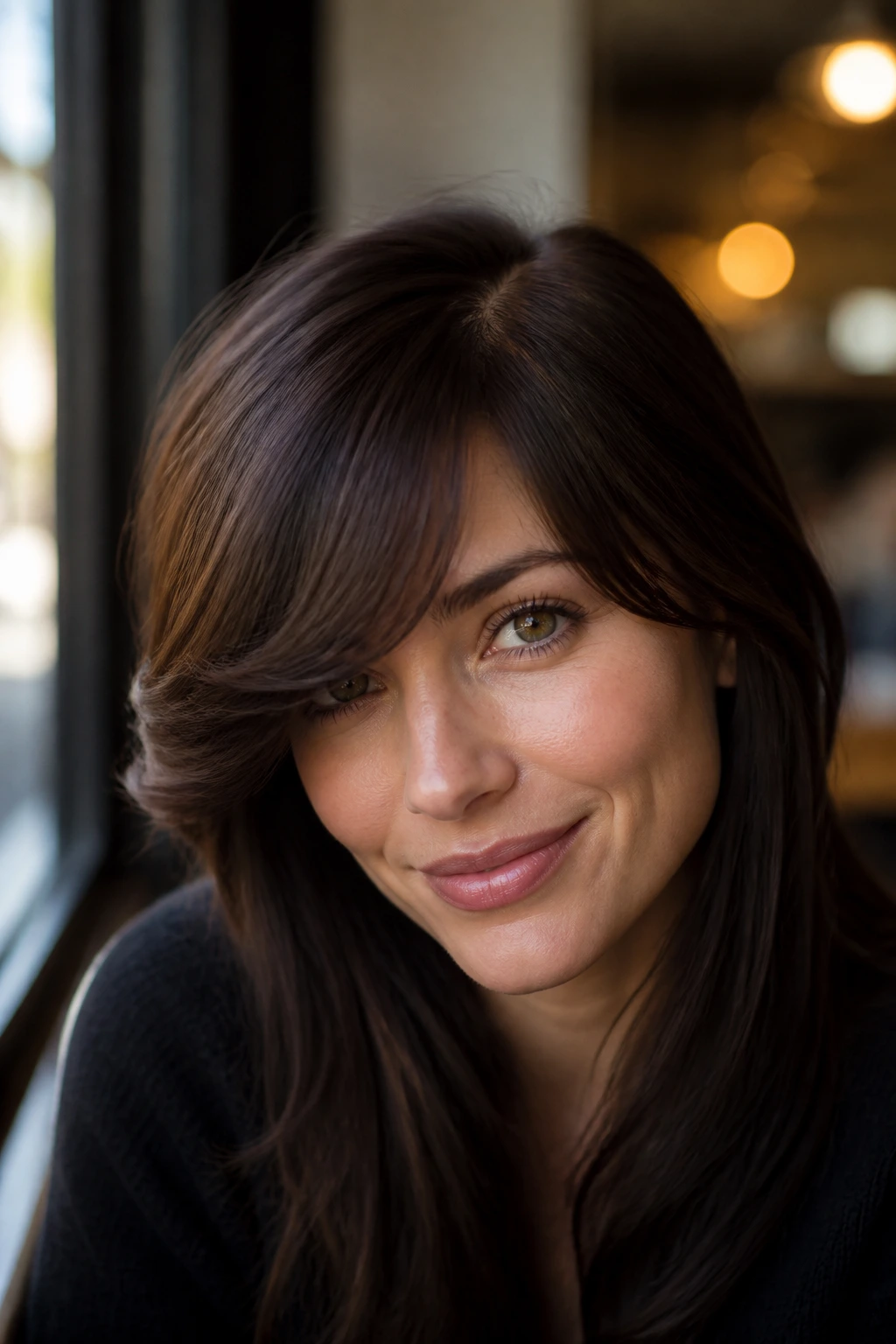 Portrait of a woman with a deep side-parted swooping fringe.