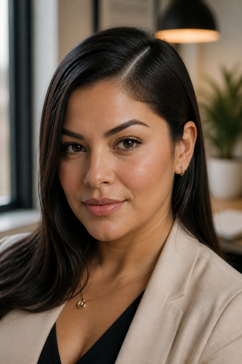 Portrait of a Latina with a balanced side part and tucked hair behind the ear