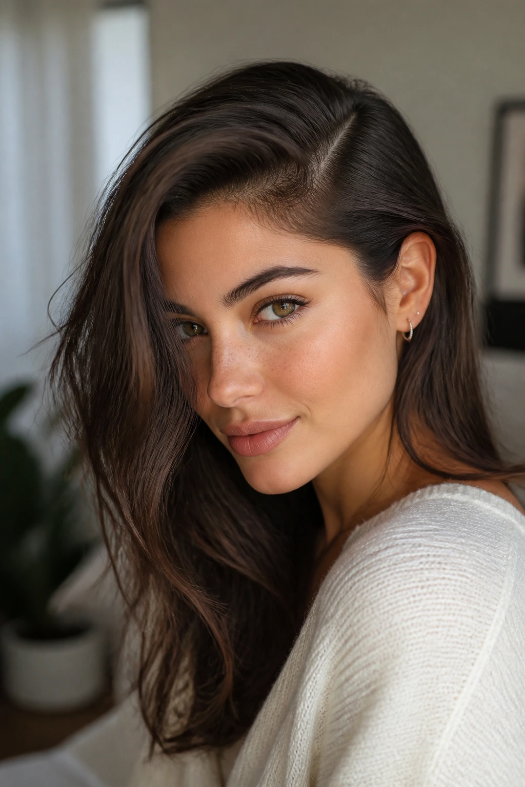 Portrait of a real woman with a low side-part showing root lift and dramatic volume