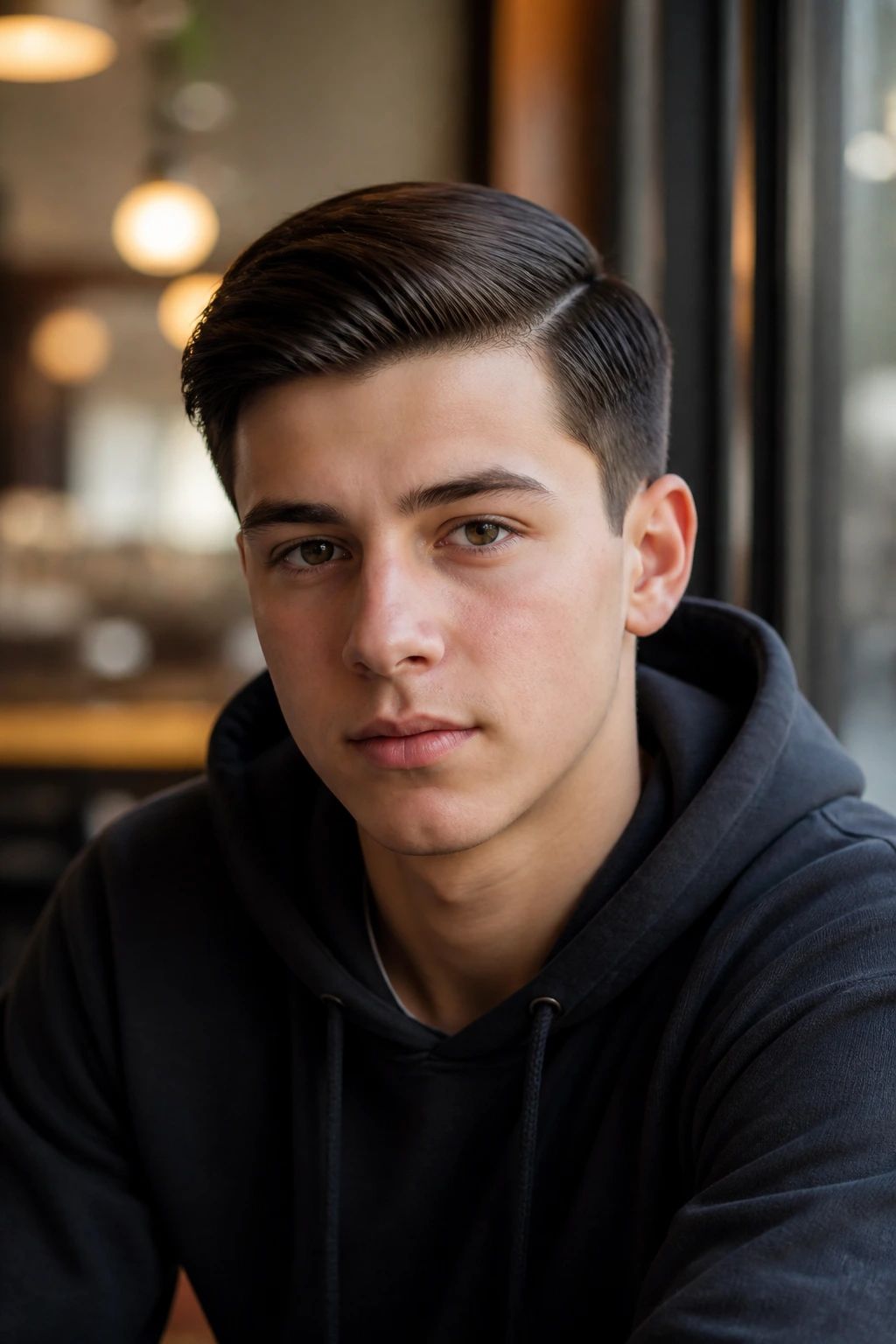 Teen with classic side part hairstyle in a cafe setting