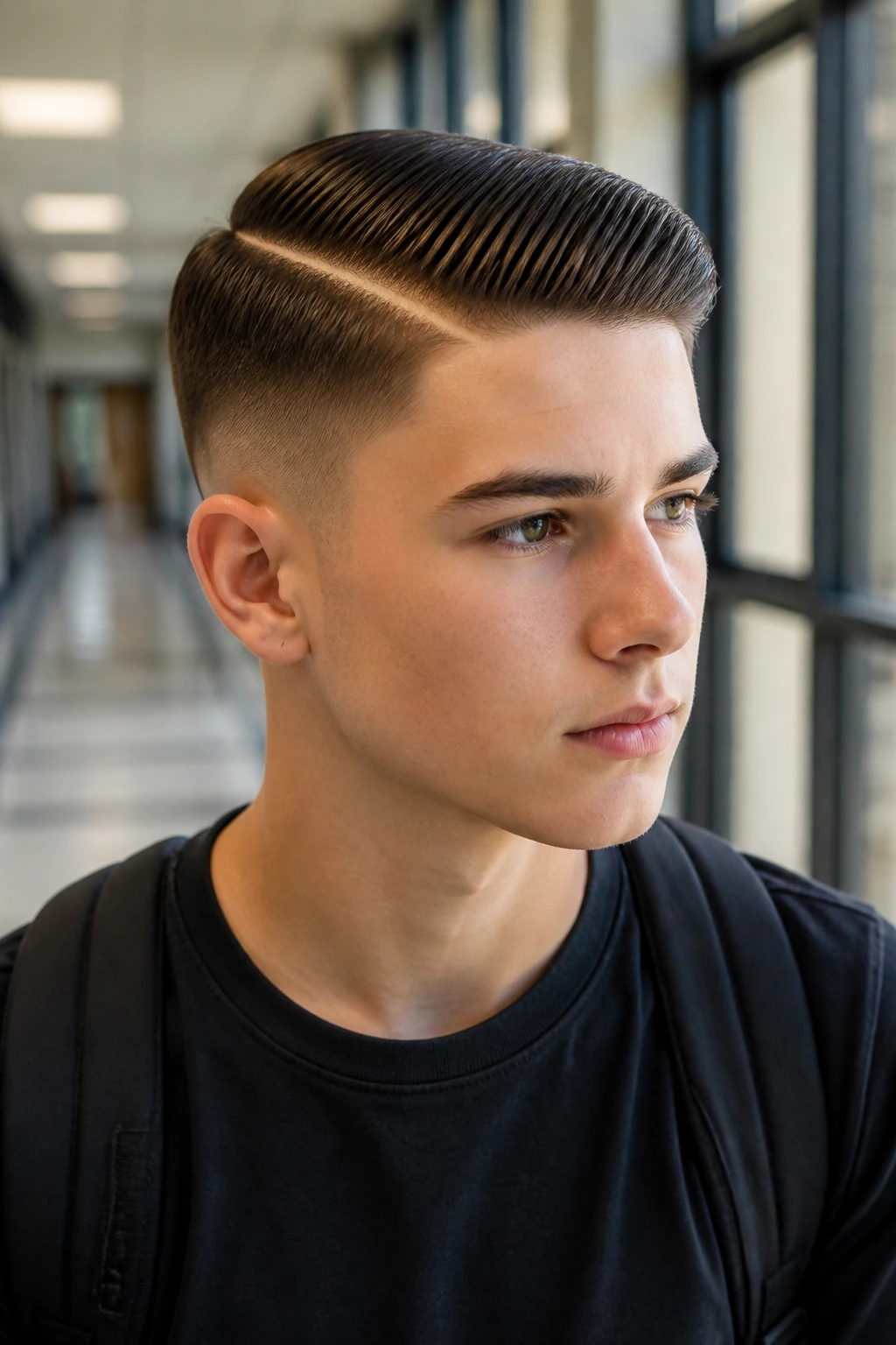 Teen with side part and hard line in hallway
