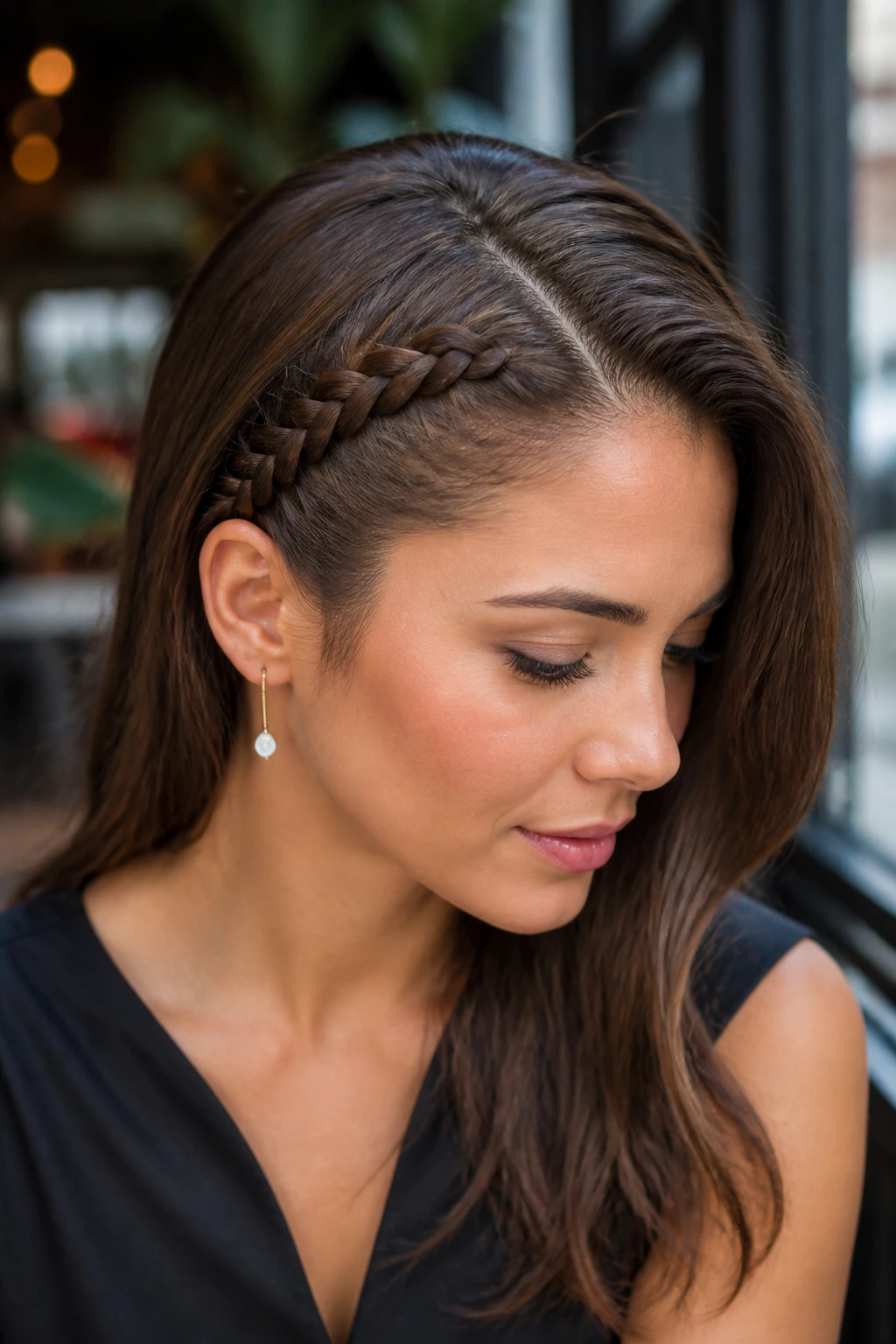 Portrait of a woman with a deep side-part and headband braid along the hairline by a sunny cafe window.