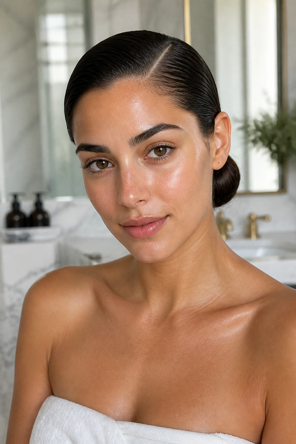 Close-up of a real woman with a sharp side part and a low bun.