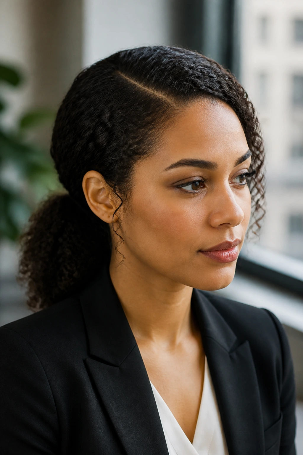 Close-up of a woman with a side-part and low ponytail