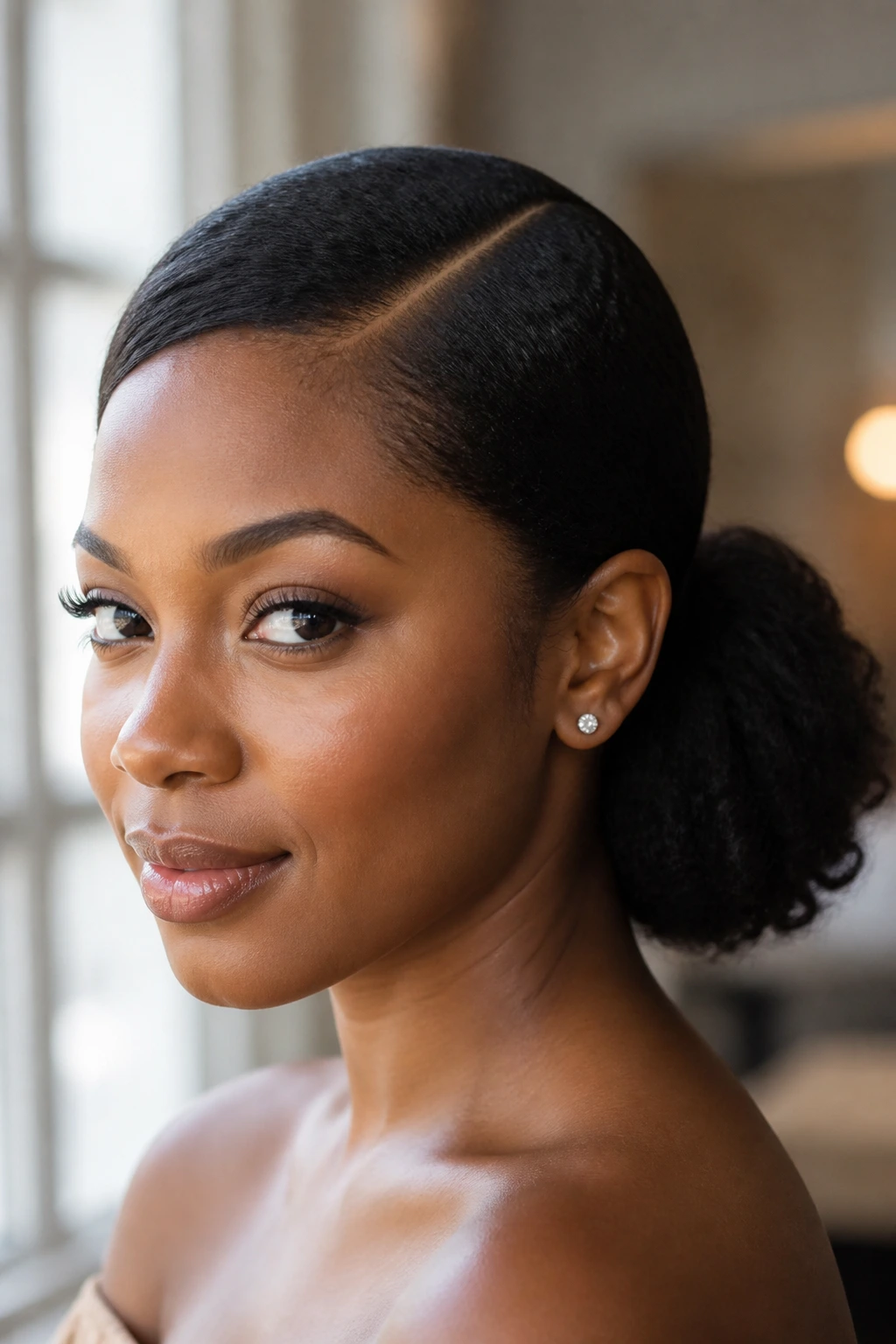 Close-up of side-parted low puff hairstyle on a real woman
