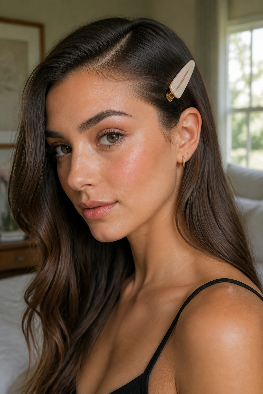 Close-up portrait of a real woman with a sleek side-part and oversized pin above the ear
