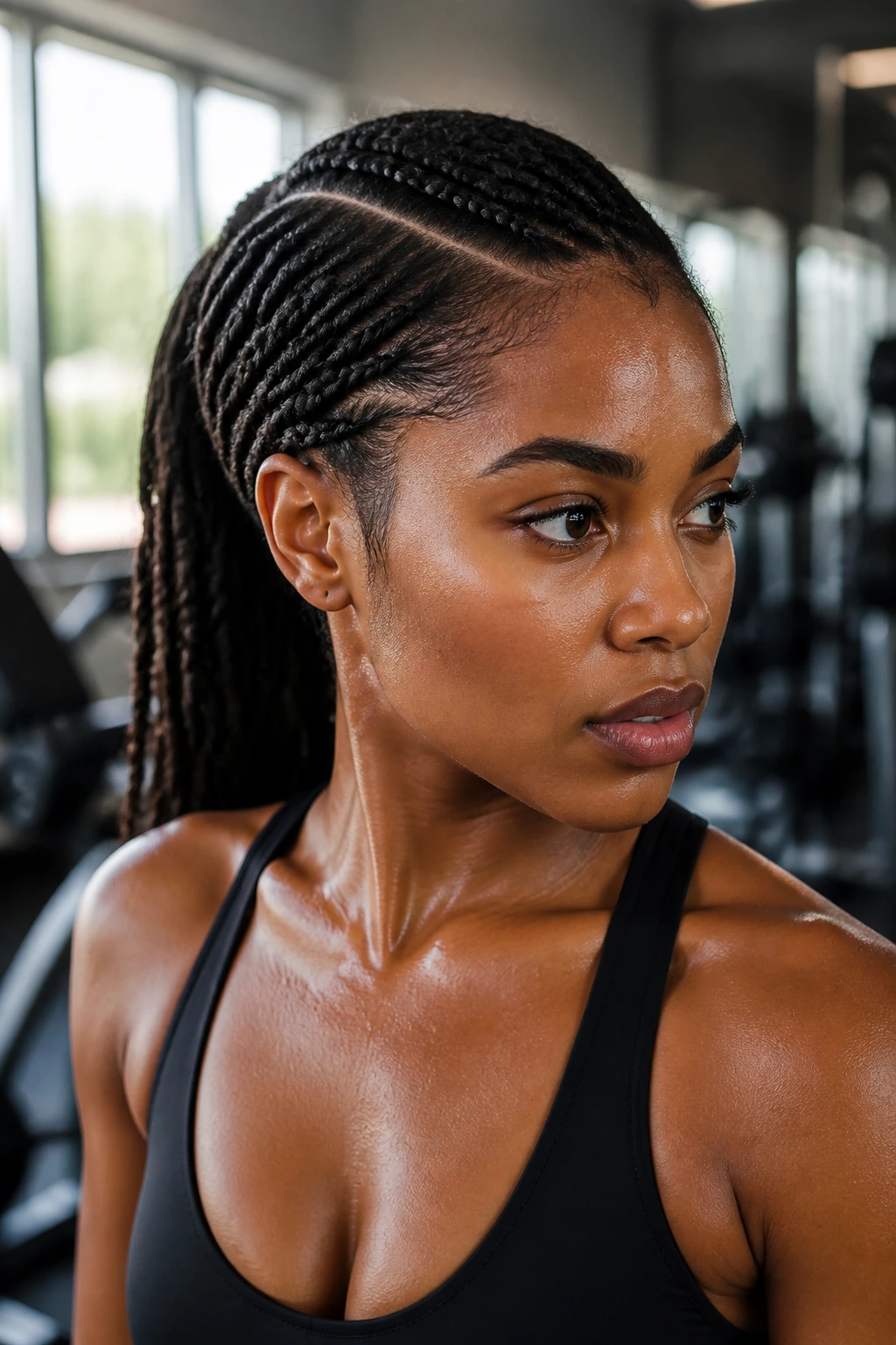 Close-up of a real woman with a deep side part and sleek pulled-back tree braids during workout.