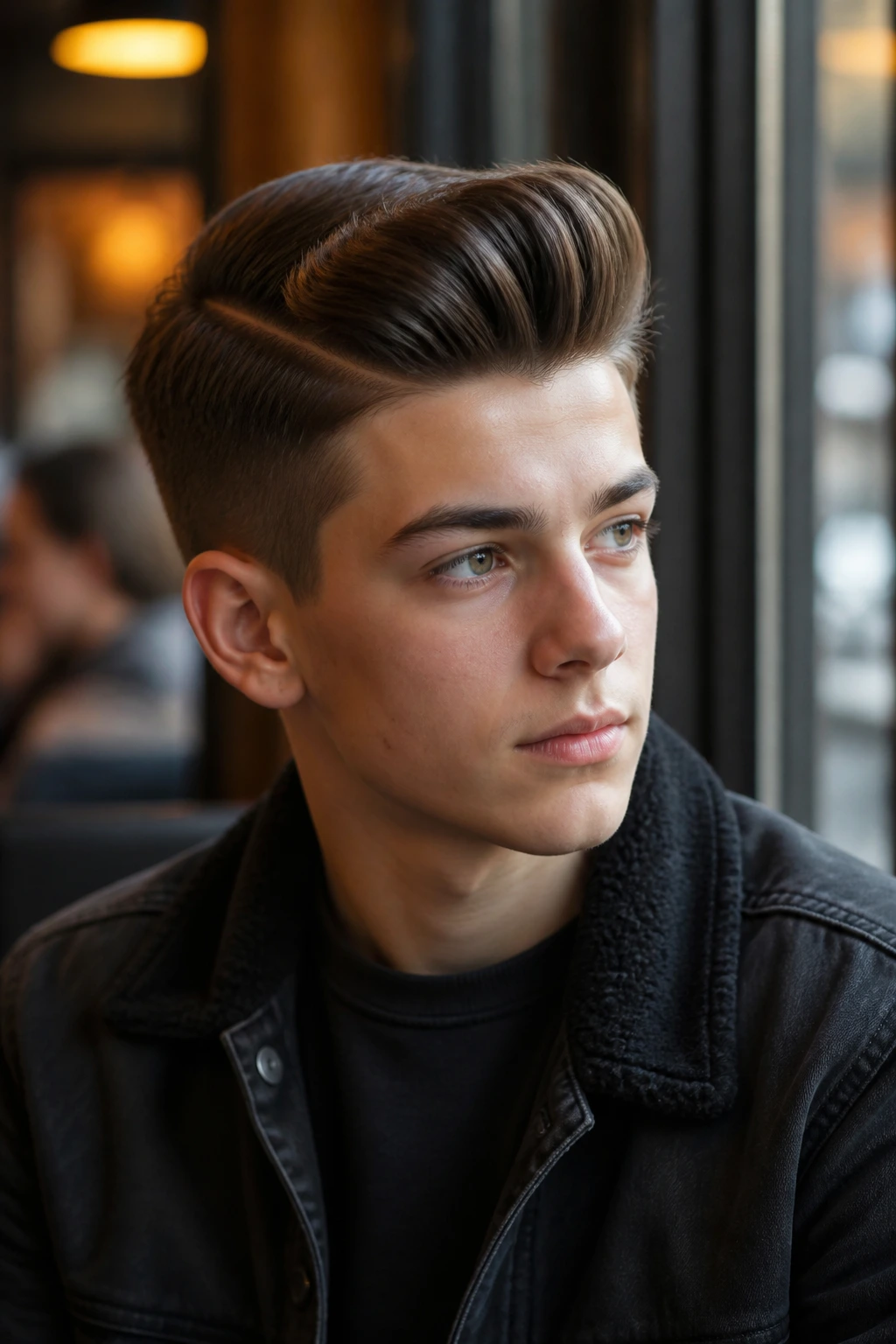 Teenage boy with side-part quiff in cafe lighting.