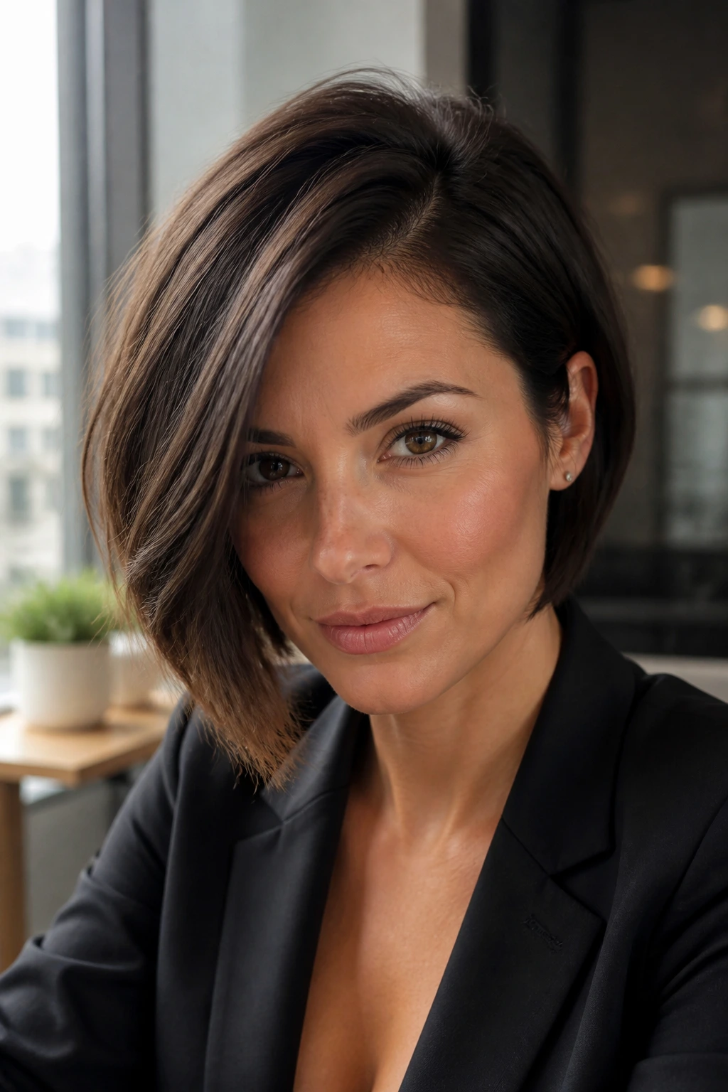 Portrait of a real woman with a deep side-part razor bob and diagonal sweep