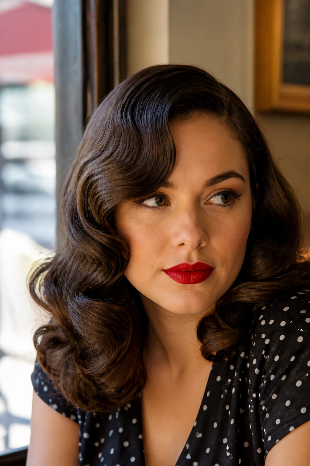 Close-up of side-parted S-wave across forehead in retro glam lighting