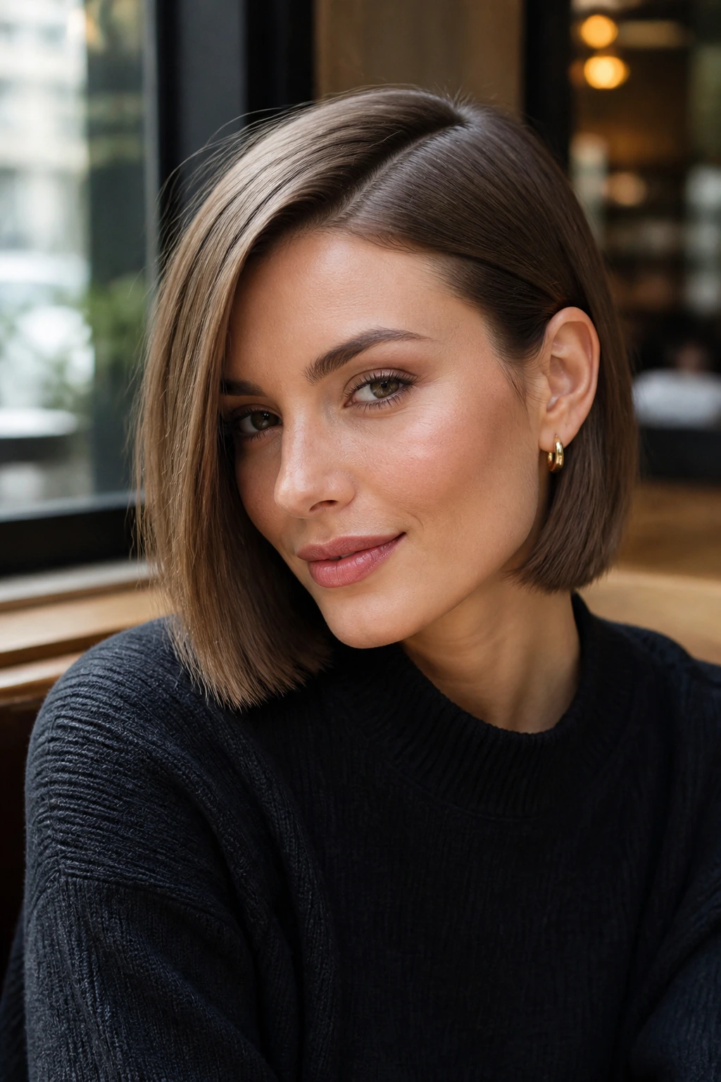 Portrait of a woman with a deep side-parted sleek bob