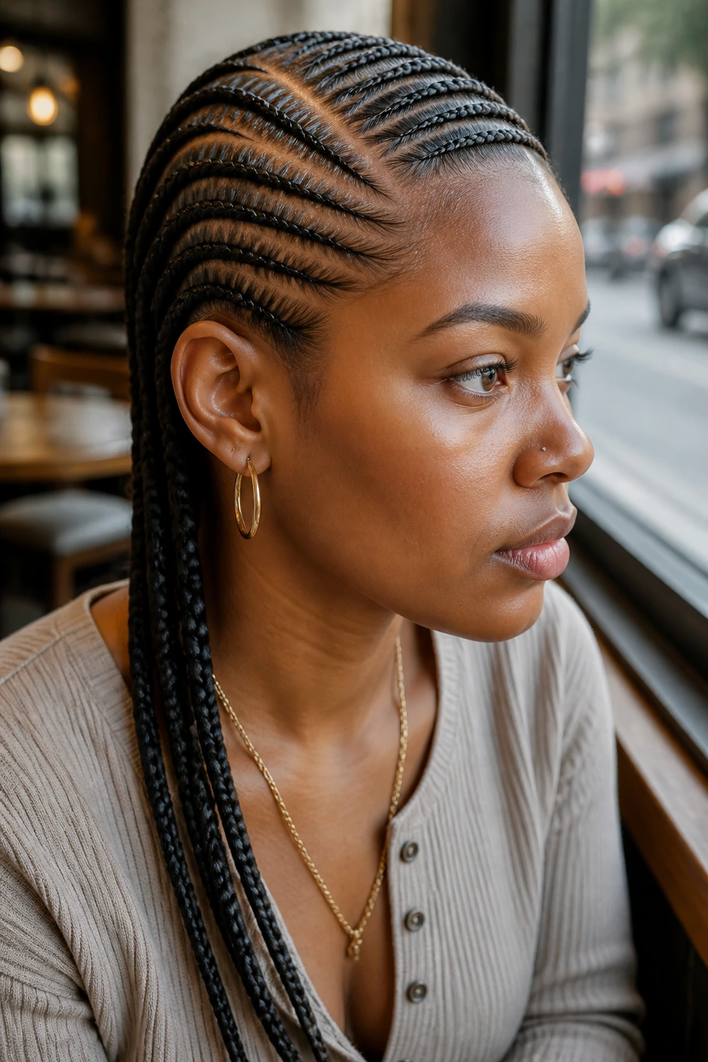 Real woman with side-part sleek cornrows by cafe window