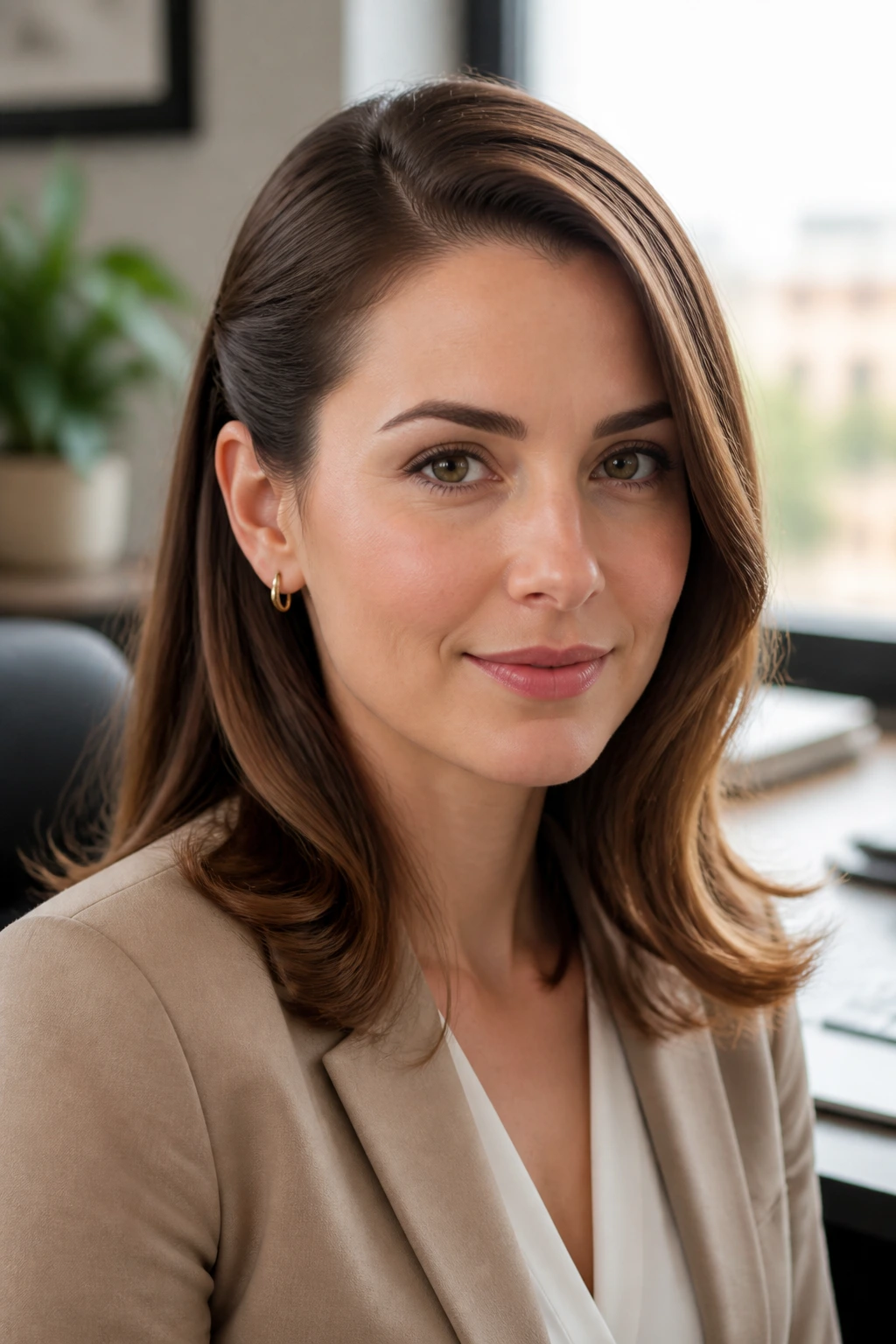 Close-up of a real woman with a deep side-part sweep pinned behind the ear in a warm office setting.