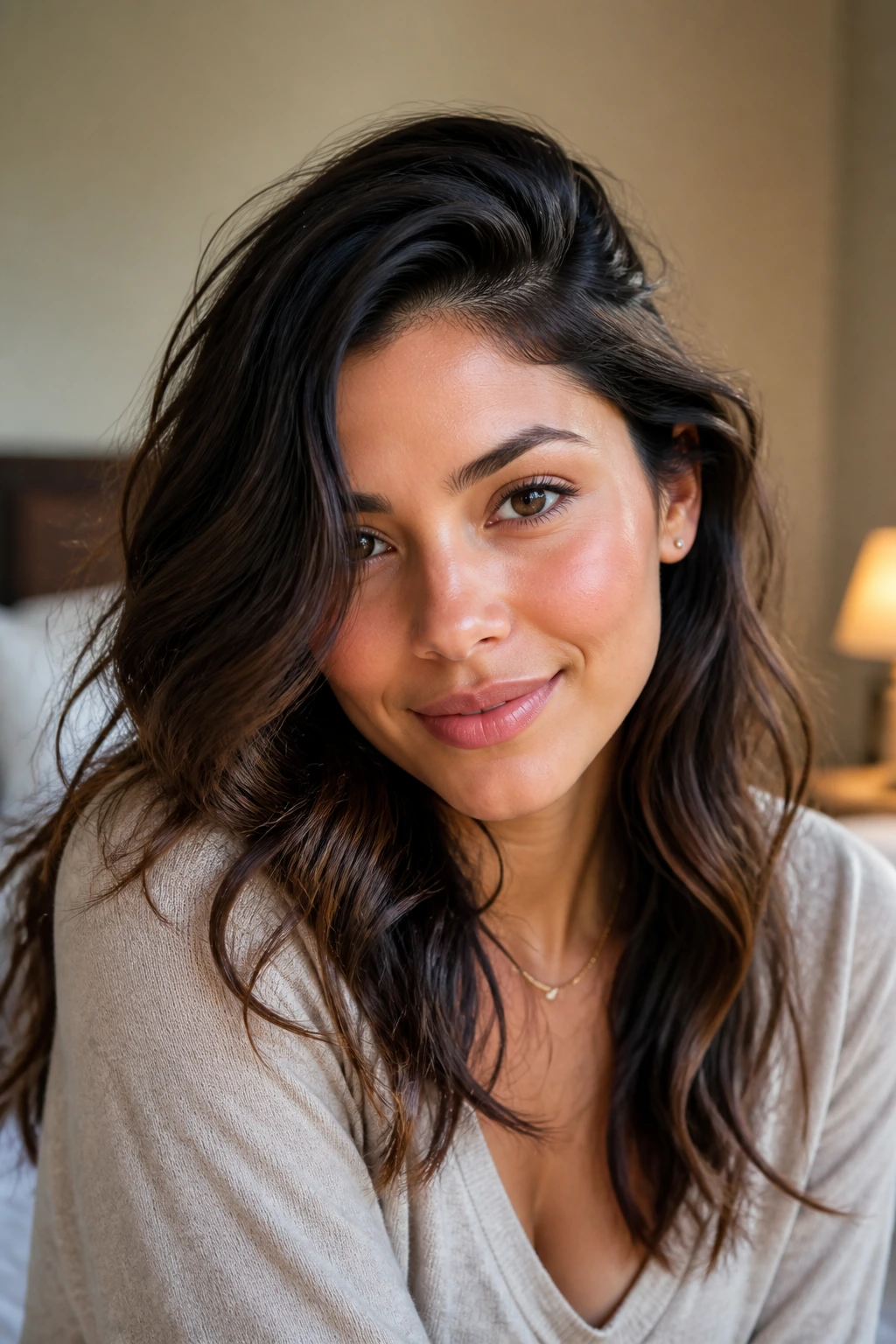 Close-up of a woman with loose side-part waves