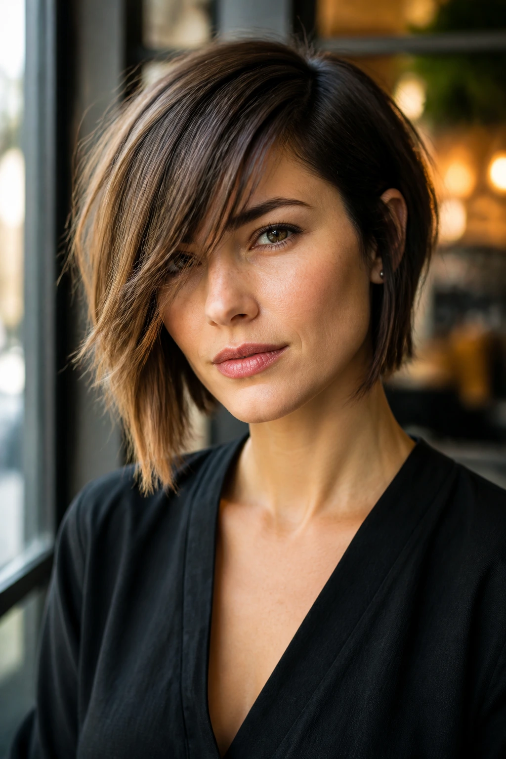 Close-up of a real person with side-parted choppy bangs on an A-line bob in daylight