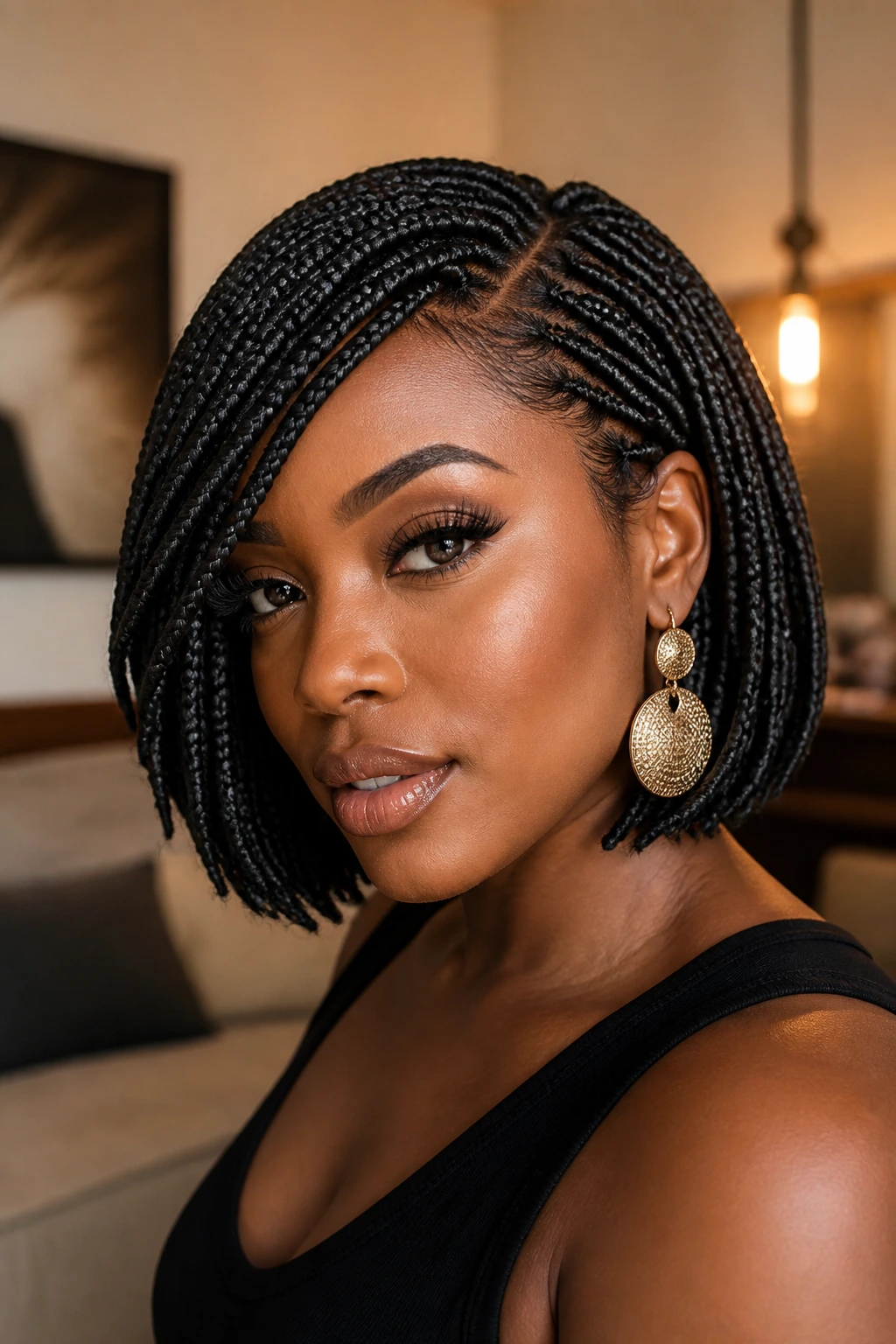 Portrait of a real woman with a side-parted box braid bob and a dramatic swoop