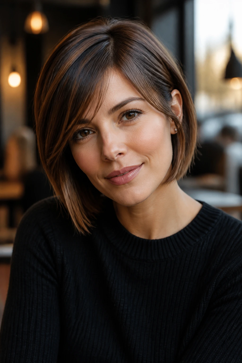 Close-up of a real person with a deep side part and curtain bangs in a cozy cafe