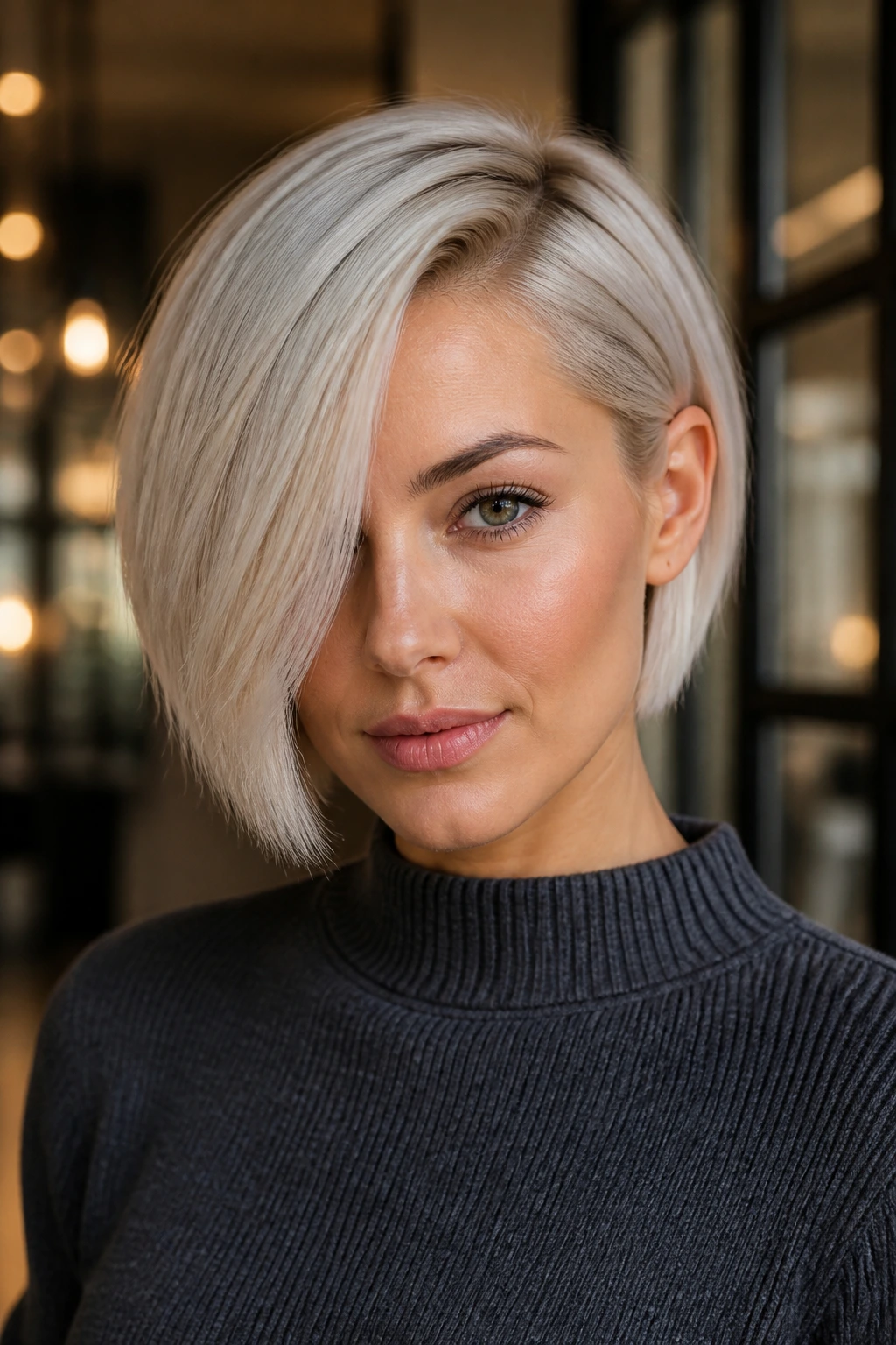 Close-up portrait of a real woman with a deep side-parted bob in platinum tones