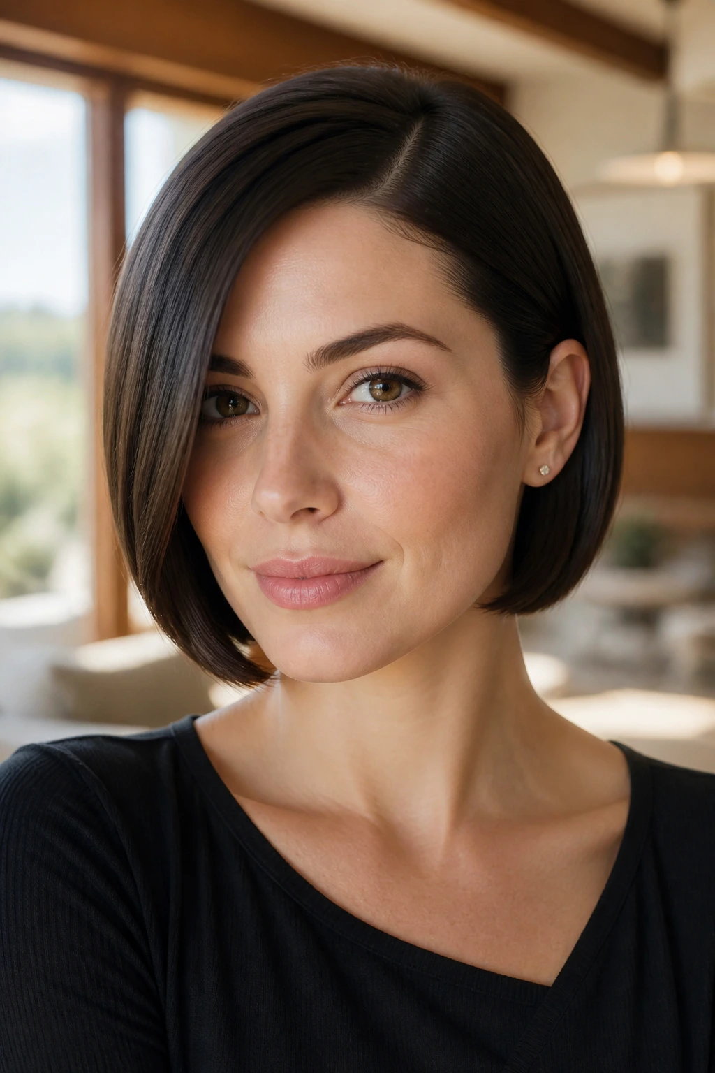 Close-up portrait of a real woman with a side-parted smooth bob, chin-length, natural light
