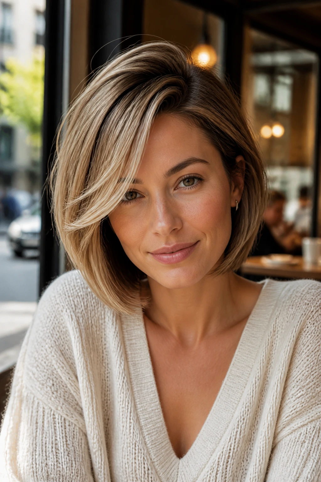 Close-up of a real woman with a deep side-parted bob and curtain bangs in a sunlit cafe