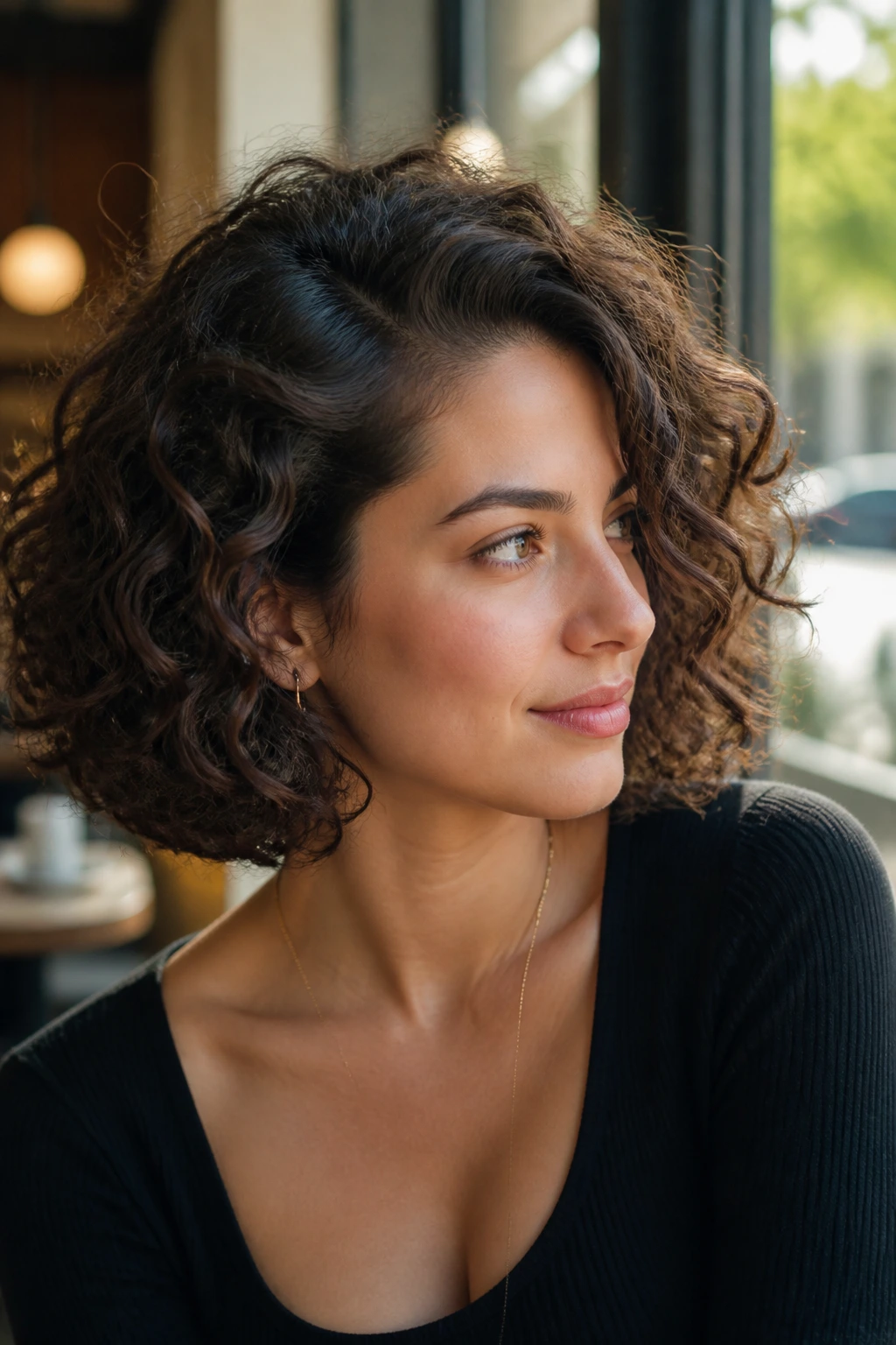 Close-up portrait of a person with side-parted curly bob hairstyle