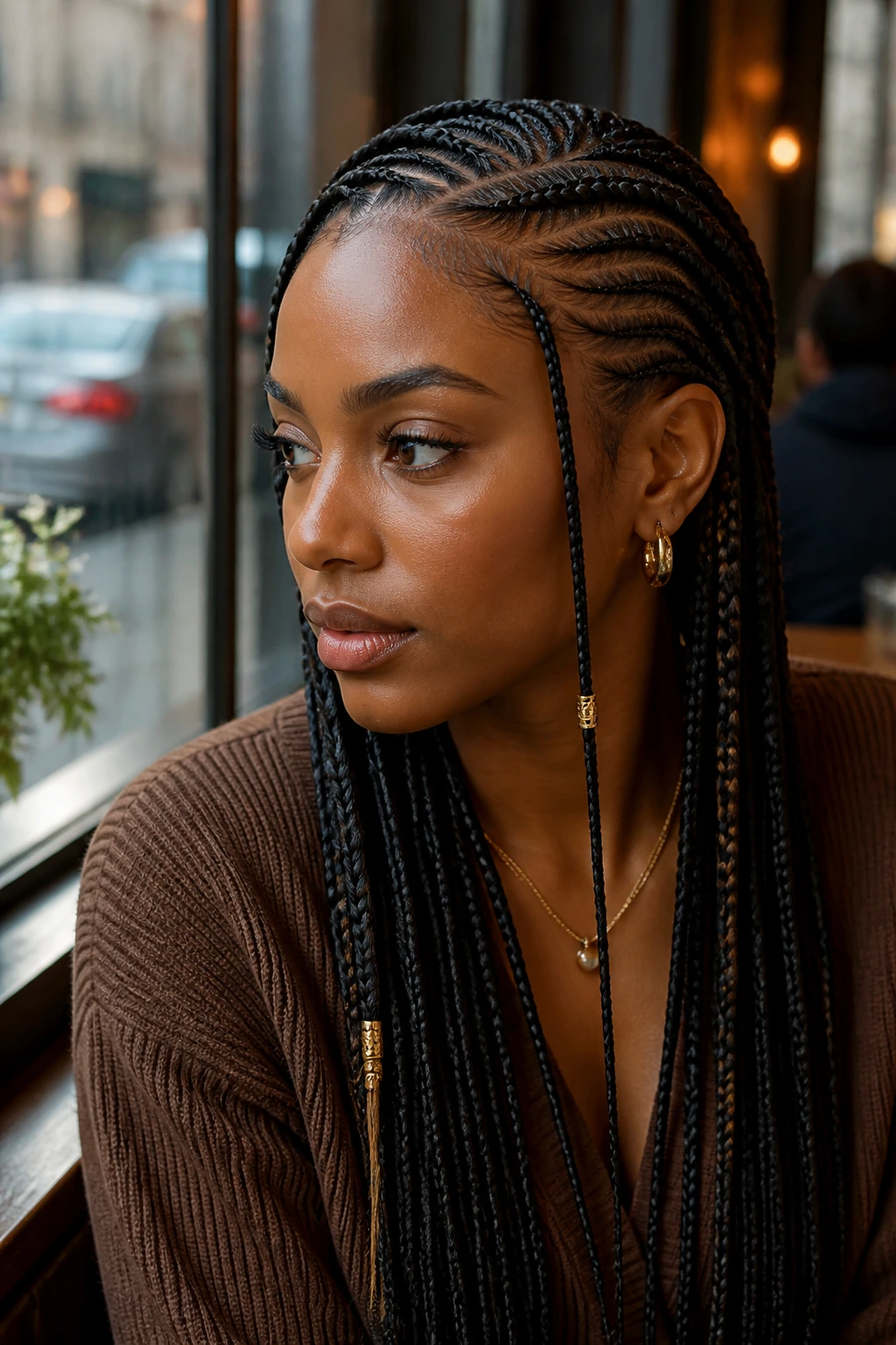 Close-up of a real woman with side-parted Fulani braids by a cafe window