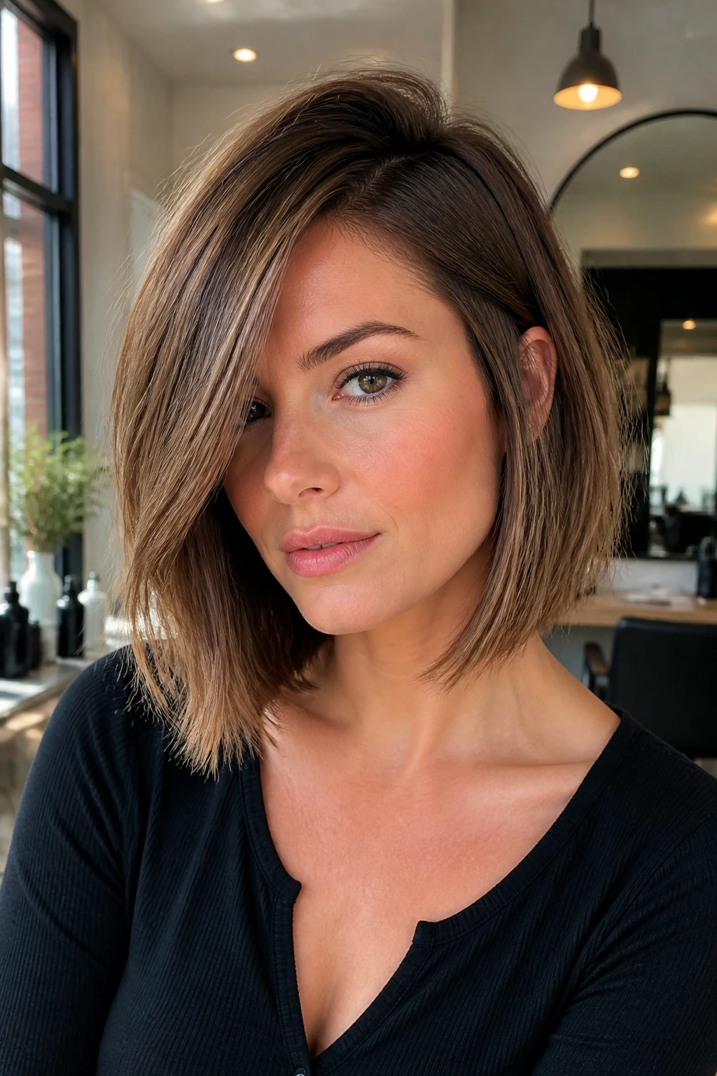 Close-up portrait of side-parted lob with textured ends on a real person in a sunlit salon