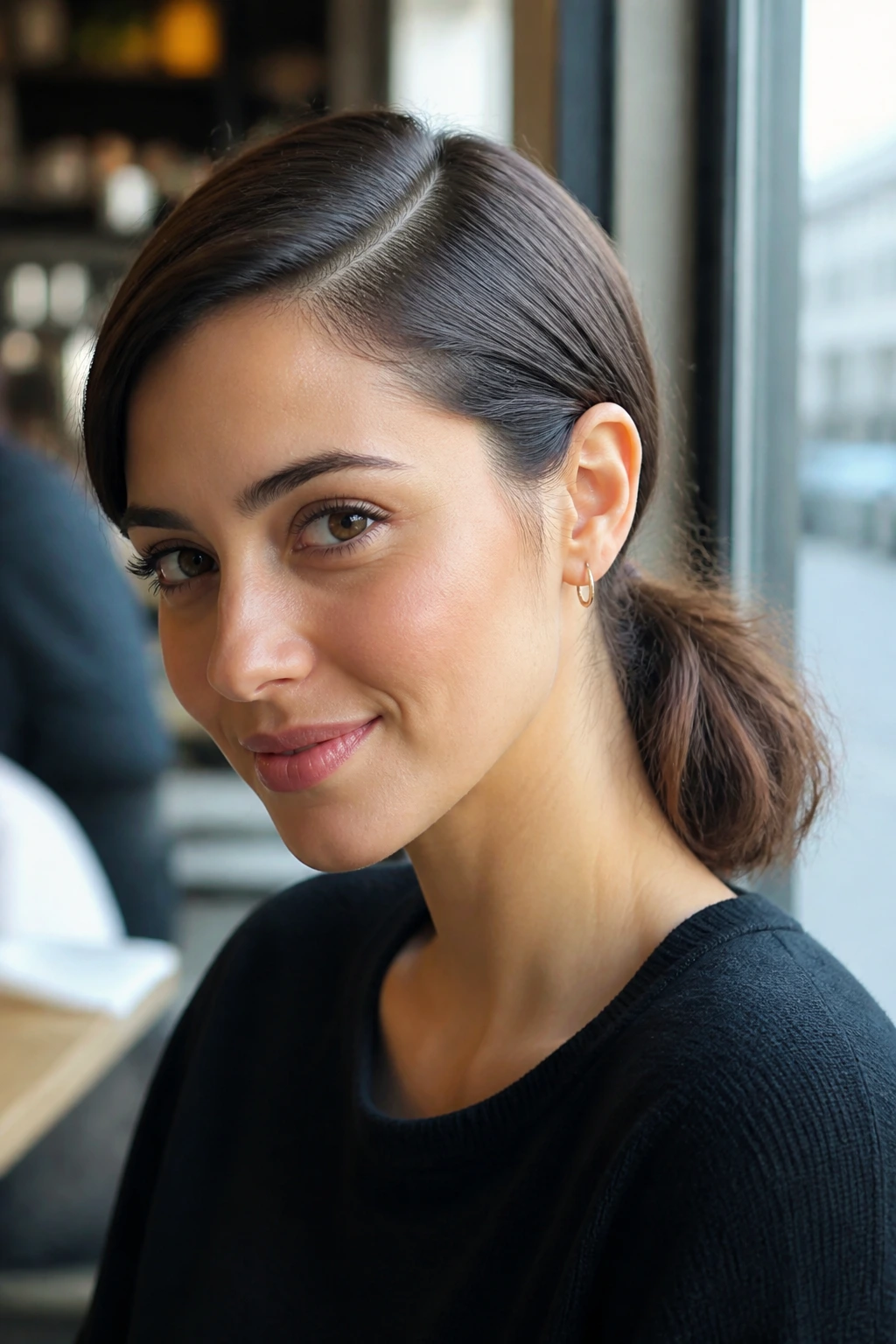 Close-up of a real woman with a side-parted low pony hairstyle in natural daylight