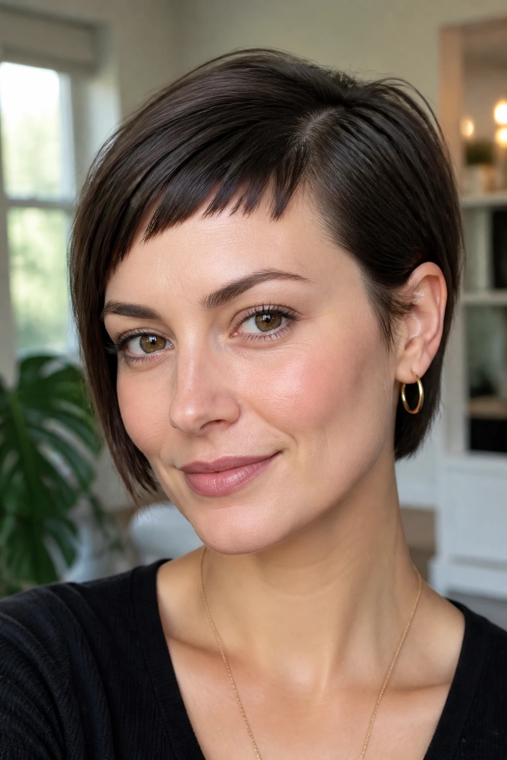 Portrait of a person with tapered side-parted micro bangs