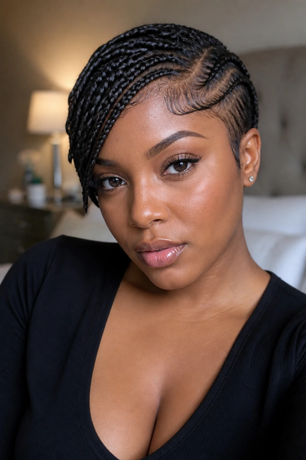 Close-up head-and-shoulders portrait of a real woman with a side-parted pixie braid.
