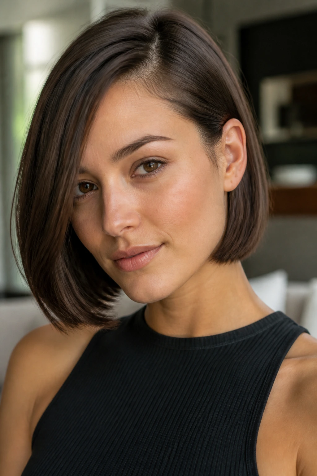 Real person wearing side-parted sleek bob with one ear tucked behind, natural light.