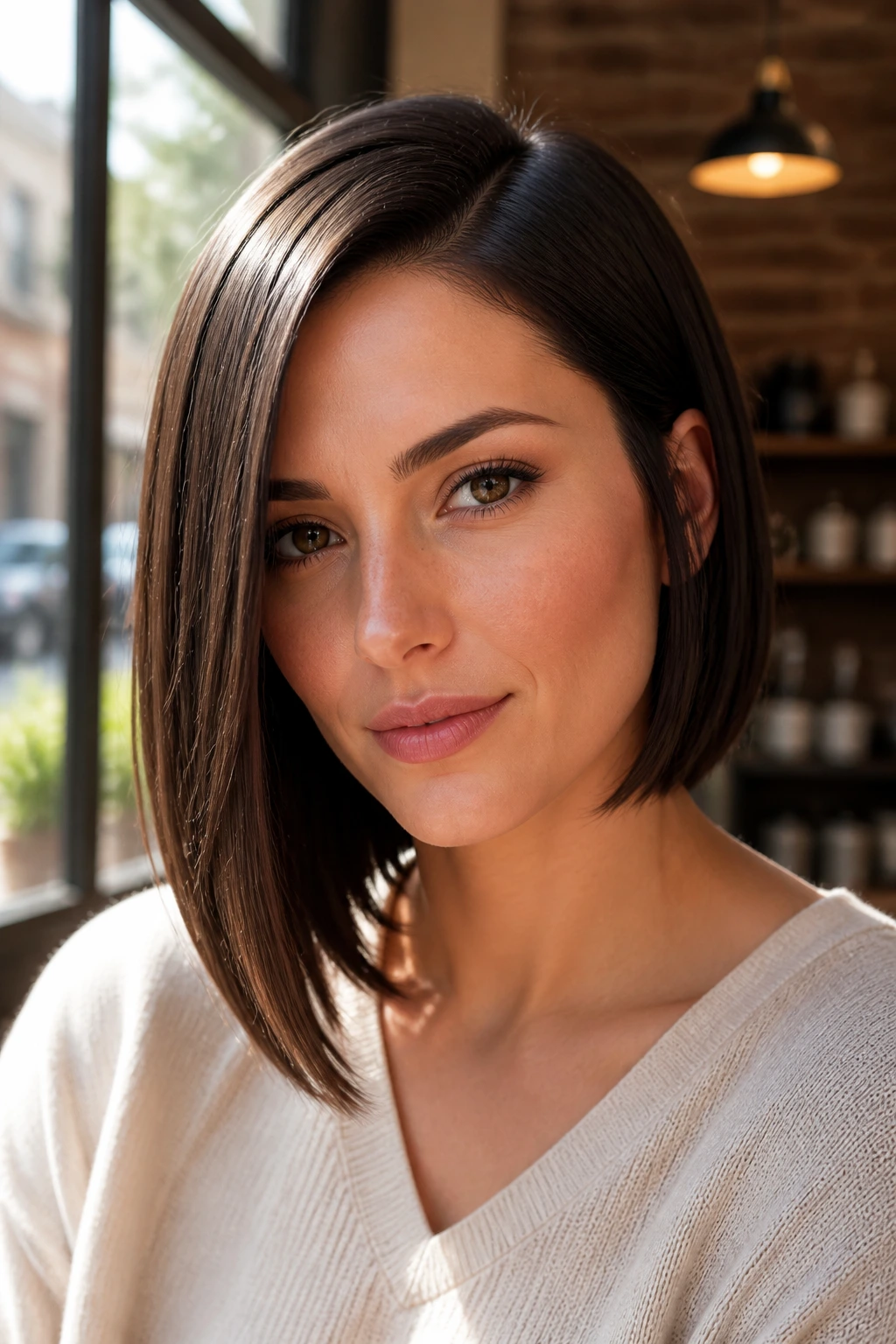 Close-up of a real woman with a side-parted sleek bob