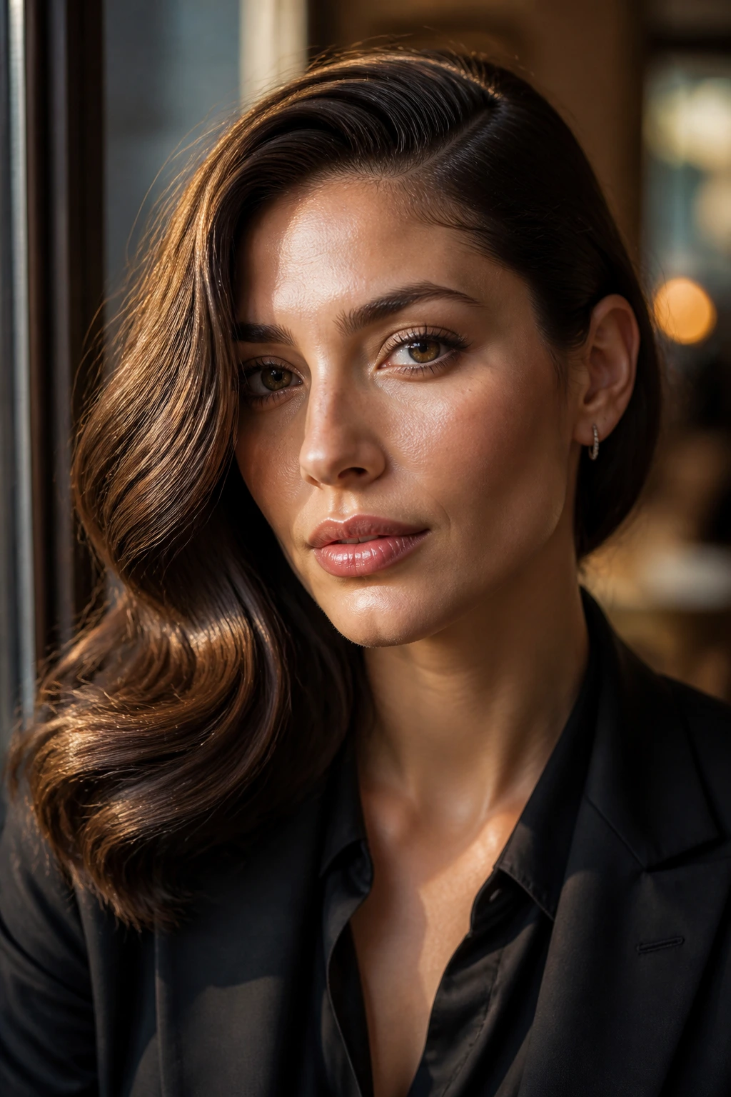 Close-up of a real woman with a deep side-parted sleek wave