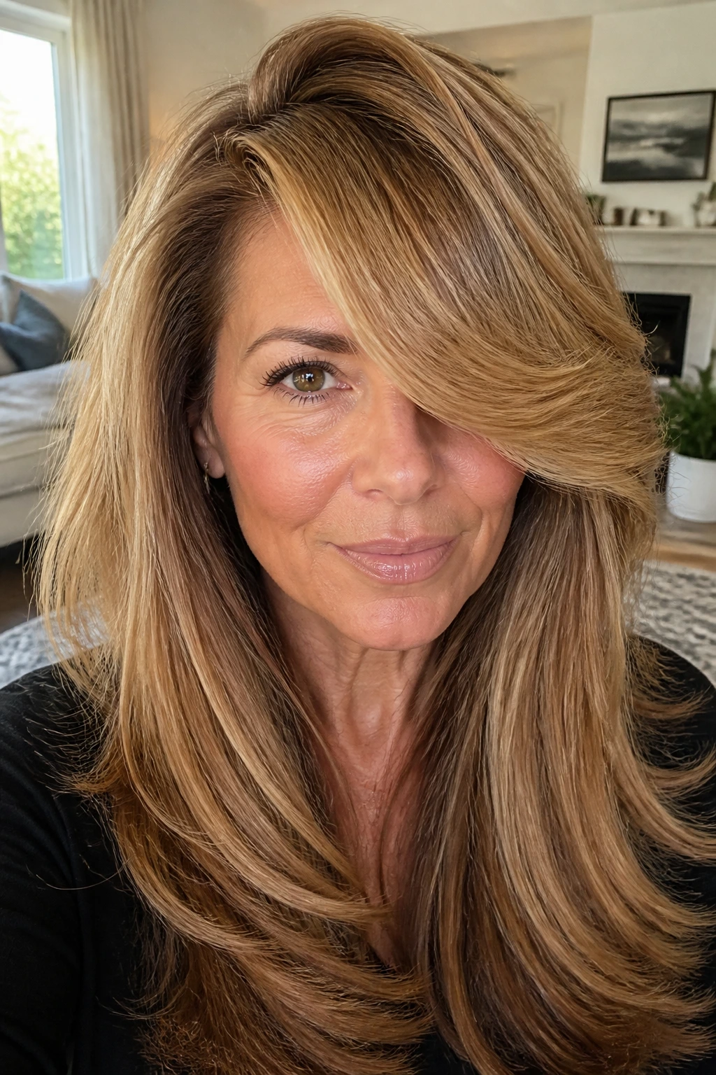 Portrait of a woman with heavy side-parted swoop bangs and voluminous blowout
