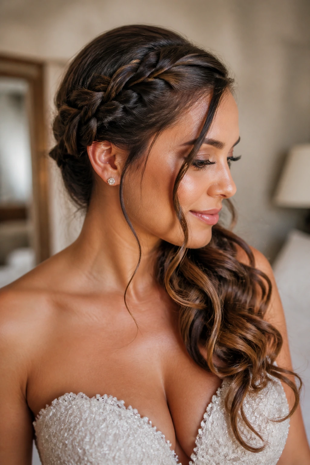 Bride with a side-pinned braid and curling hair portrait