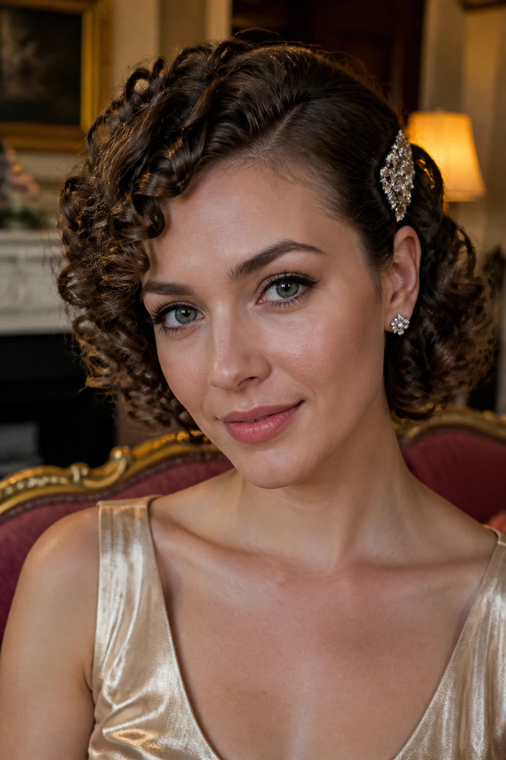 Close-up of a real woman with side-swept curls pinned by a barrette in a warm vintage room