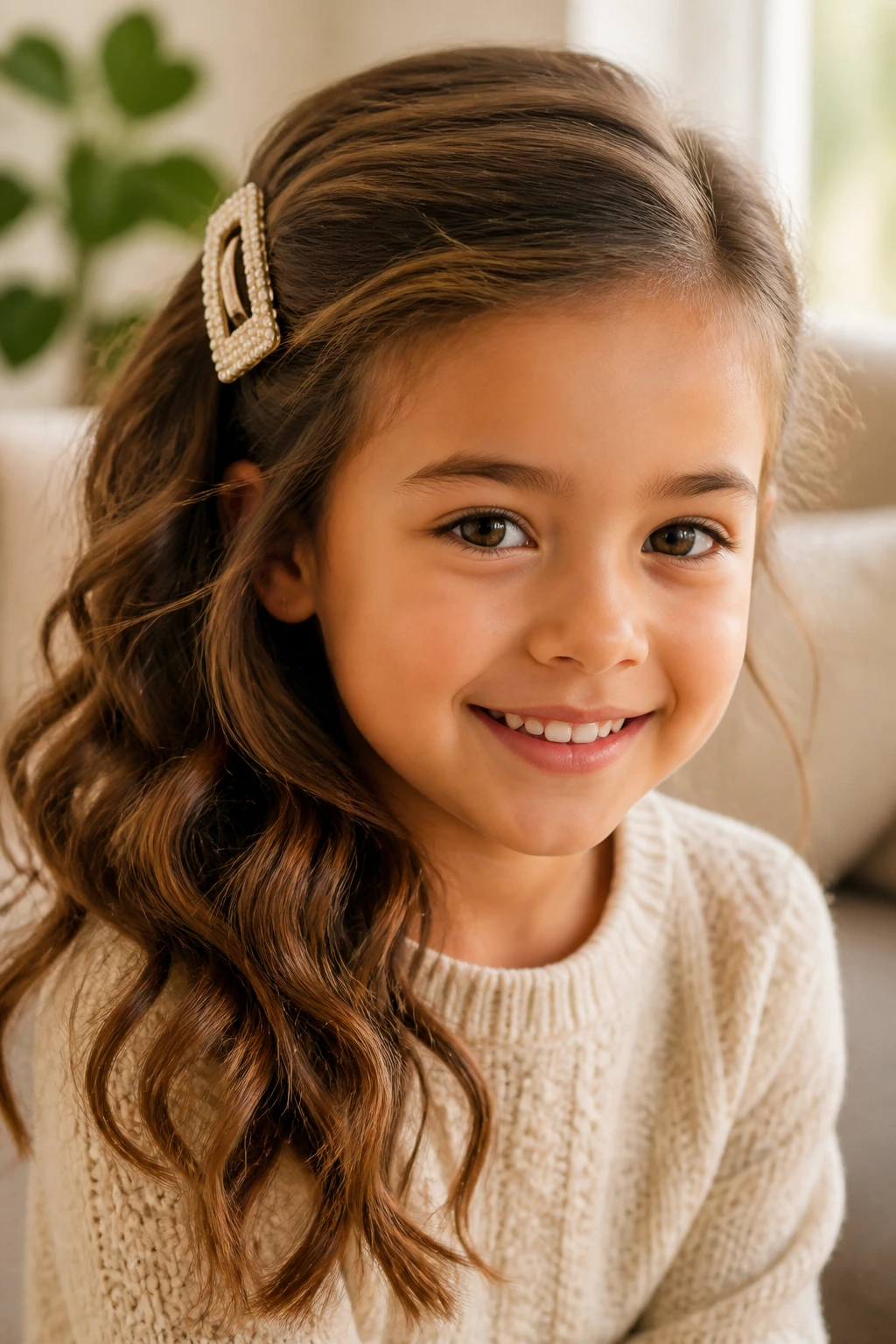 Child with side-pinned loose waves secured by a decorative clip