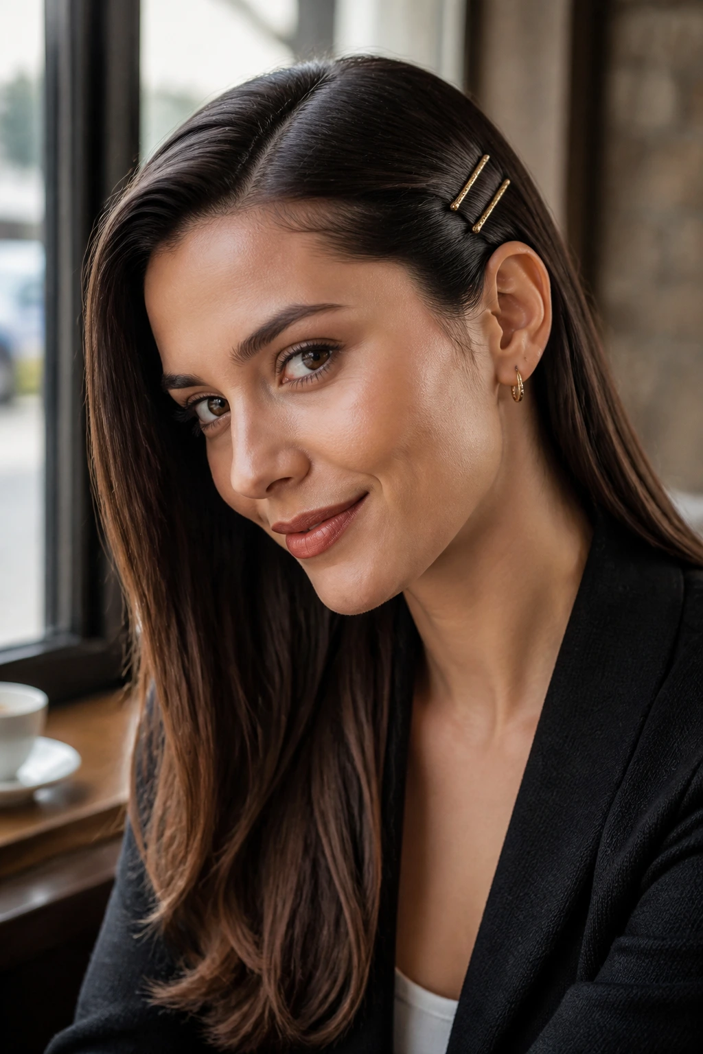 Portrait of a woman with side-pinned sleek hair behind the ear.