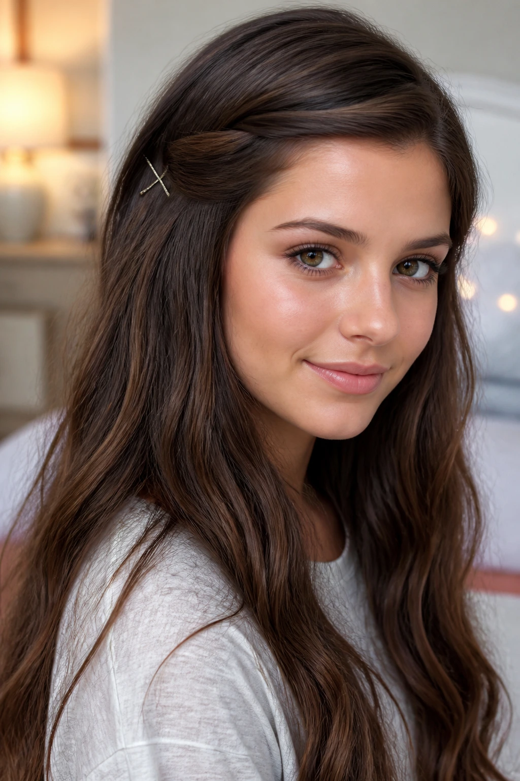 Close-up of a woman with a side-pinned twist behind the ear
