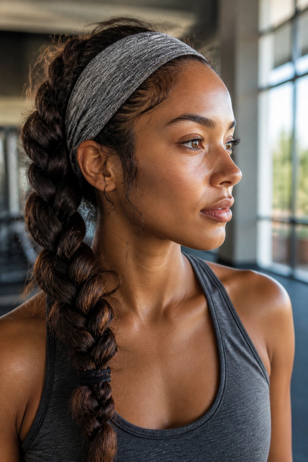 Close-up of real woman with a loose side plait and headband during workout.
