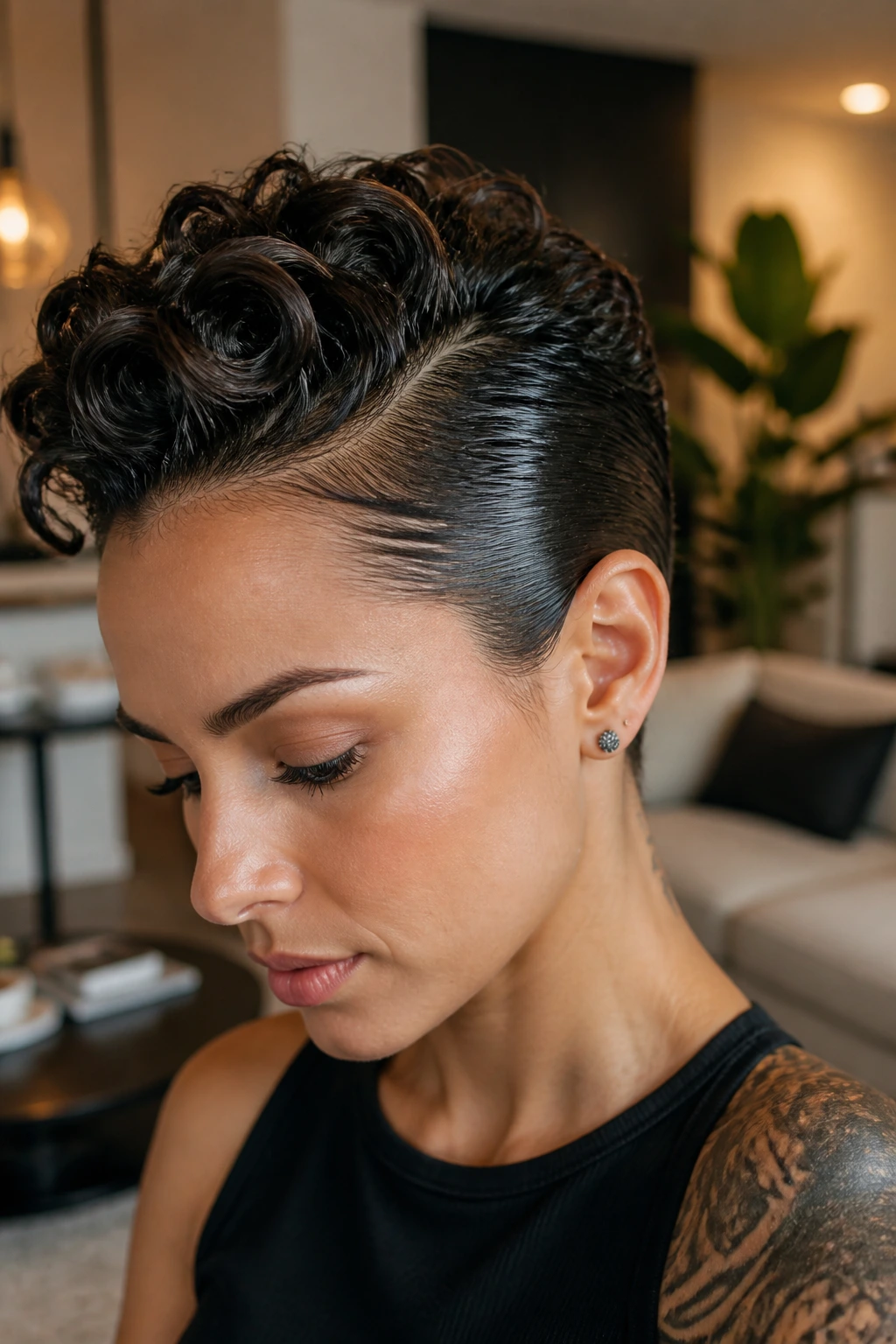 Close-up of a real person with a sleek side-slicked faux hawk and defined waves