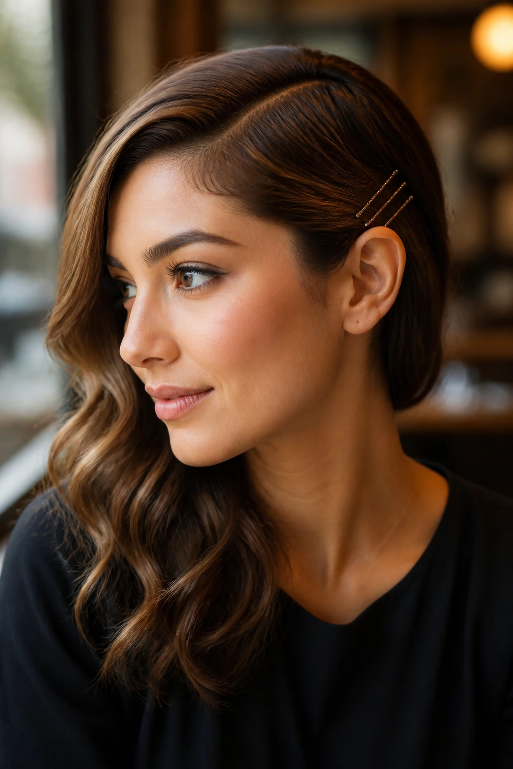 Close-up of a real woman with a deep side part and three bobby pins behind the ear